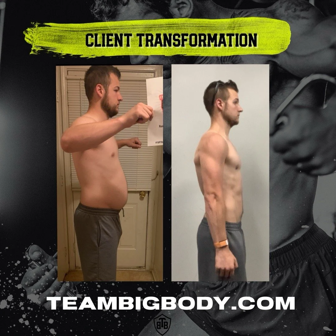 Side-by-side transformation photos of a shirtless man showing weight loss and muscle gain, with the caption 'Client Transformation' and the website 'teambigbody.com'.