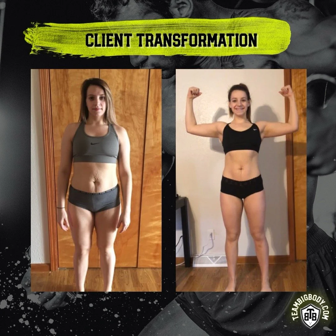 Side-by-side photos of a woman before and after her fitness transformation. In the first photo, she has a neutral pose, in the second, she is flexing her muscles and smiling. The background shows a wooden door and a wall, with the text 'Client Transformation' above.