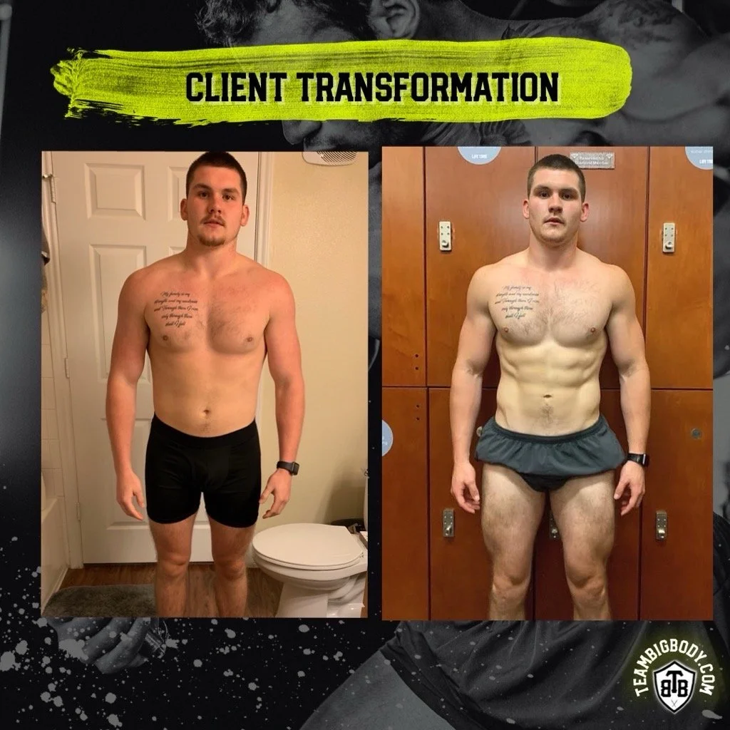 Side-by-side before and after photos of a shirtless man showing body transformation progress, with the words 'Client Transformation' at the top.