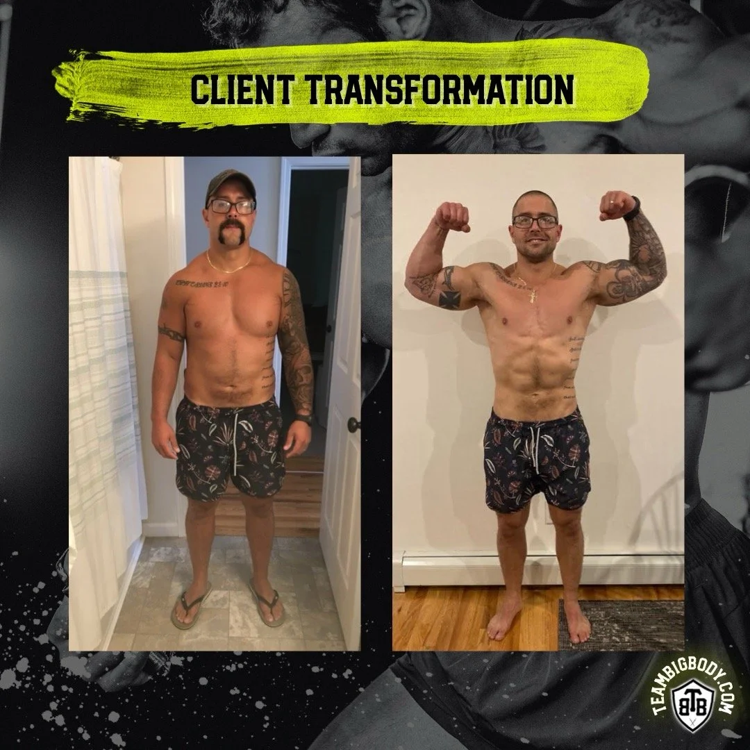 Before and after photos of a shirtless man with tattoos, showing his transformation. In the 'before' image, he has a fuller physique, wearing shorts and flip-flops, standing in a bathroom. In the 'after' image, he has a muscular, leaner build, flexing his arms, standing barefoot against a plain wall.