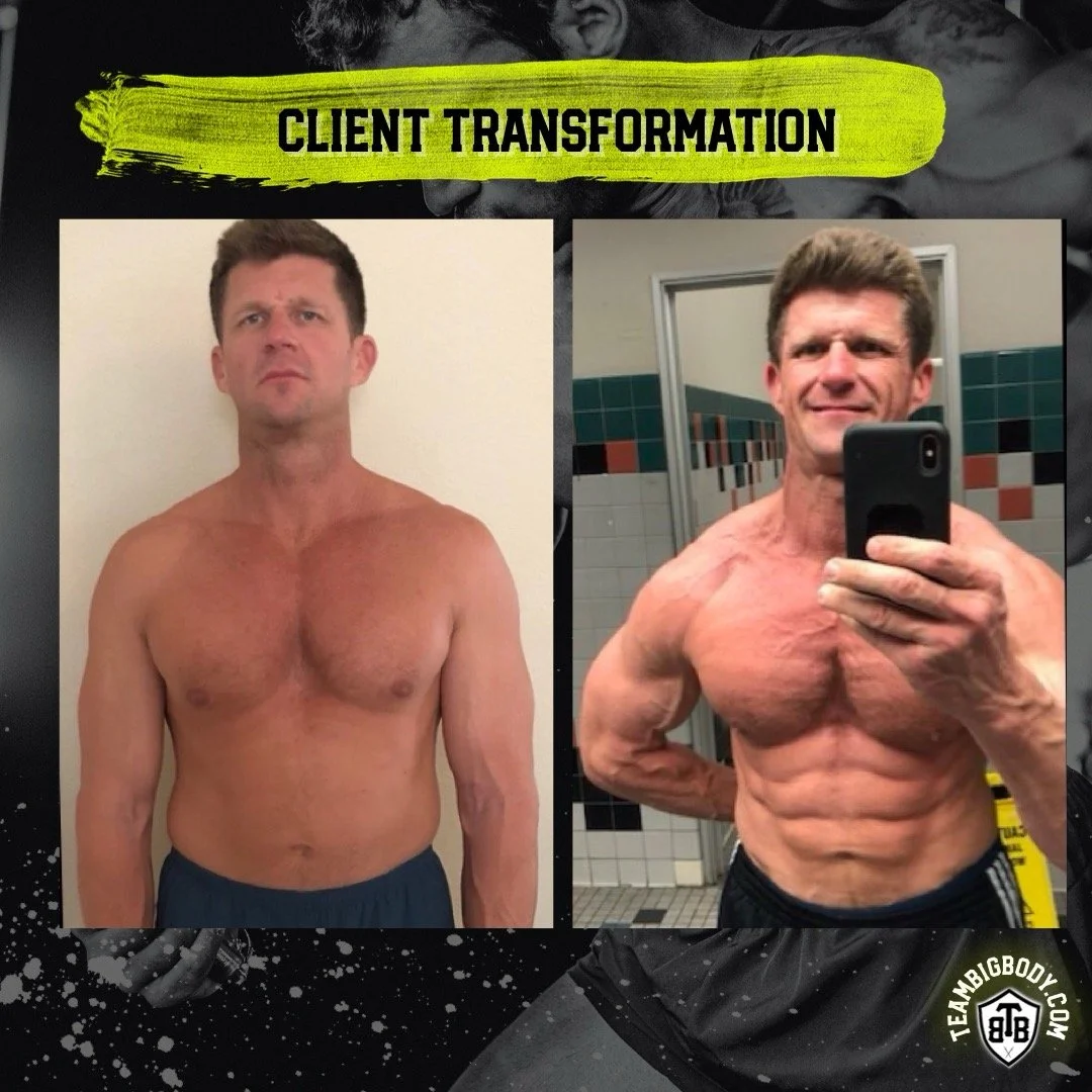 Before and after photos showing a man’s transformation with the label "Client Transformation" at the top. On the left, the man appears less muscular with a slight belly, of average build. On the right, the same man is significantly more muscular, with visible abs and defined muscles, taking a mirror selfie in a locker room.