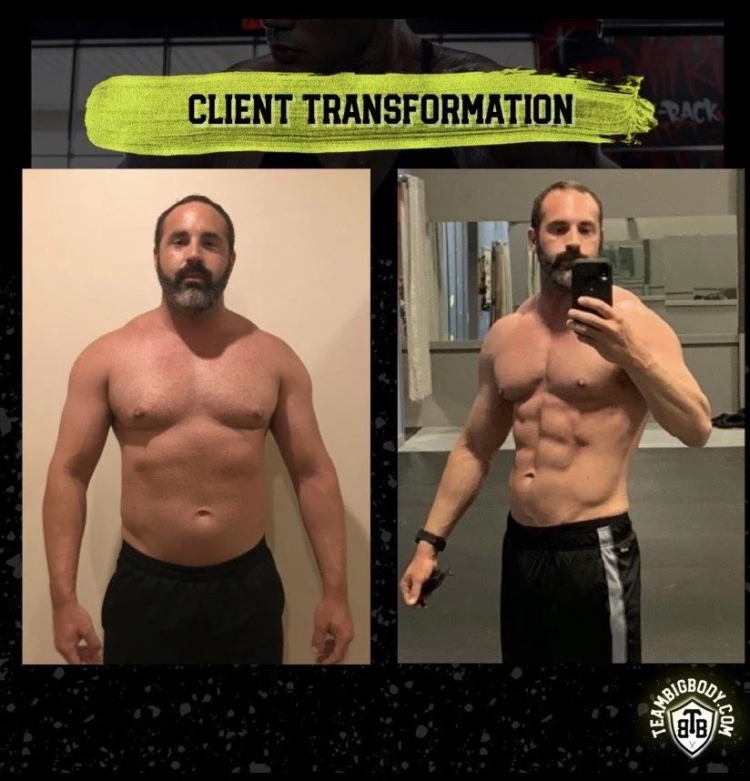 Before and after photos of a man showing transformation in body fitness, with the text 'Client Transformation' at the top.