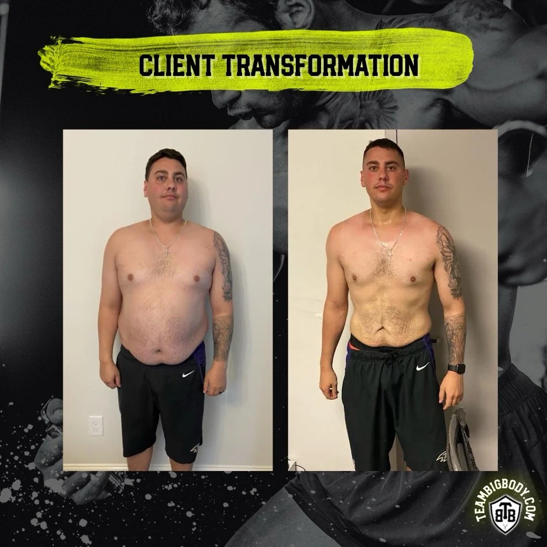 Side-by-side photos of a man before and after a body transformation. In the 'before' photo, he has excess body fat, while in the 'after' photo, he appears leaner with more muscle definition.
