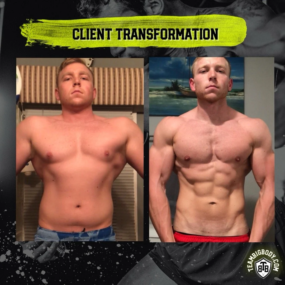 Side-by-side before and after photos of a shirtless young man showing a transformation in physique, with the caption 'Client Transformation' at the top and the logo 'TeamBigBody.com' at the bottom right corner.