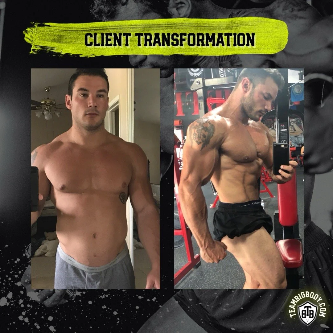Comparison of a man's fitness transformation shown in side-by-side before and after photos. The left photo depicts a man with a less muscular physique, while the right photo shows the same man with a significantly more muscular and defined body at the gym.