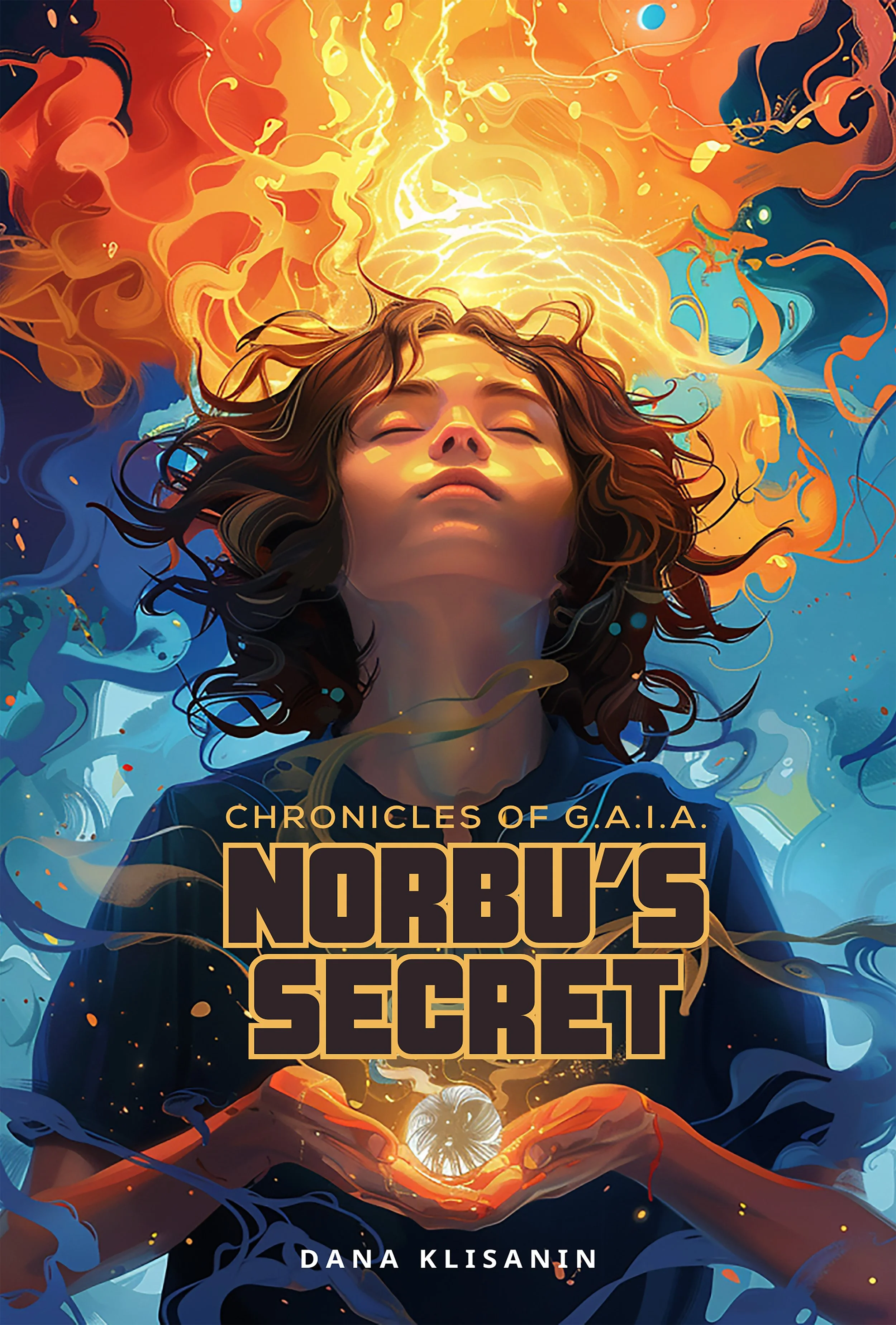 A teenaged boy with closed eyes, surrounded by swirling, colorful abstract patterns, holding a glowing, sun-like orb in her hands. The image has an energetic, fantastical style.