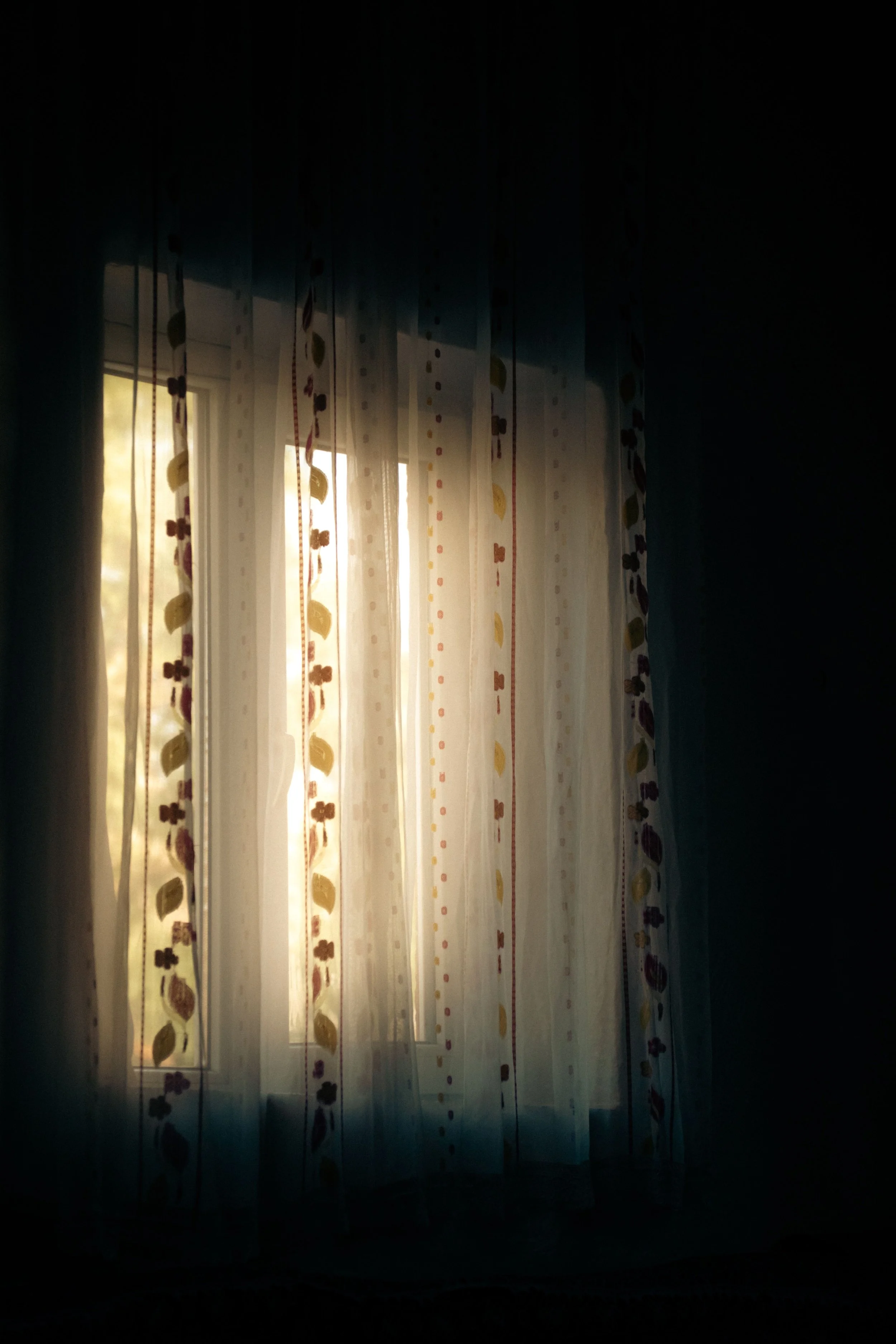 Sunlight shining through a window with semi-transparent curtains that have a pattern of leaves and dots.