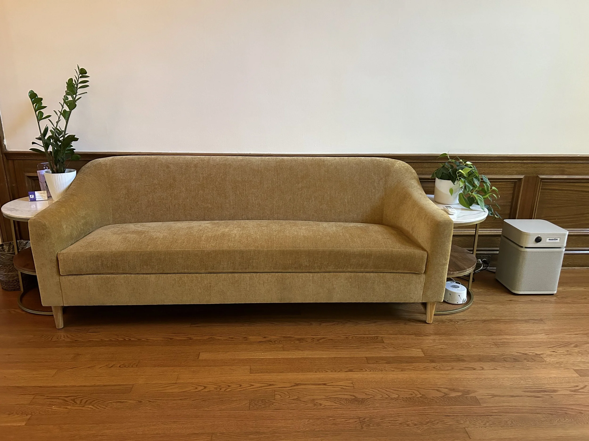 A beige sofa with a rounded armrest, positioned in front of a white wall with wood paneling at the bottom. Two side tables with potted green plants are on either side of the sofa, and an air purifier is on the right side.