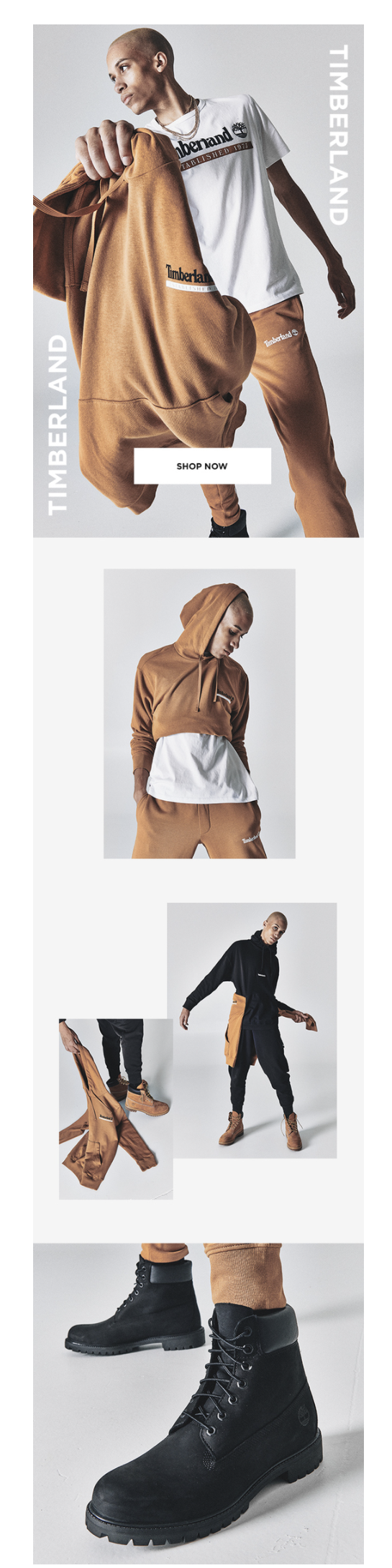 Models showcasing Timberland outdoor apparel, including jackets, hoodies, pants, and boots, in various poses against a plain background.