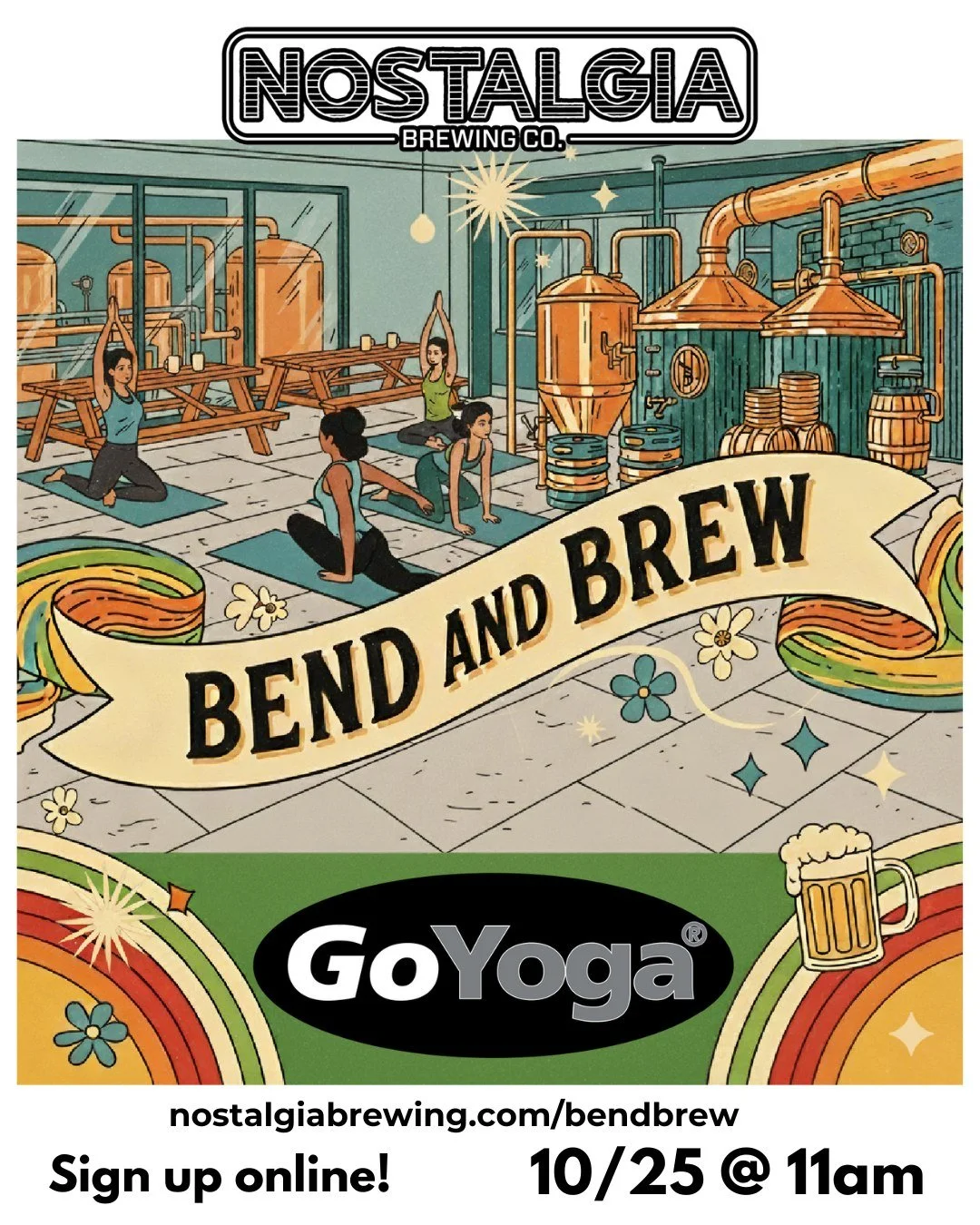 🧘&zwj;♀️ BEND &amp; BREW is at Nostalgia Brewing! 🍻

Join us on Saturday, October 25 at 11am for an energizing 50-minute all-levels yoga flow led by Taraja from GoYoga, right here in the heart of Creekside Gahanna. We'll be stretching it out, then 