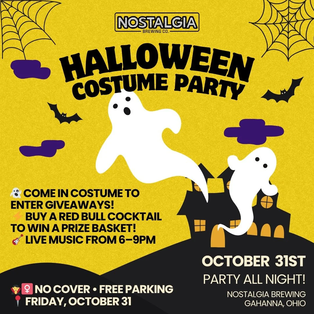 👻 TWO WEEKS AWAY! 👻

Nostalgia Brewing&rsquo;s Halloween Costume Party is coming up Friday, October 31st &mdash; and it&rsquo;s going to be a fang-tastic night 🎃

🎶 Jimmy Nichols Live! from 6PM&ndash;9PM
🧛&zwj;♀️ Come in costume to enter to win 