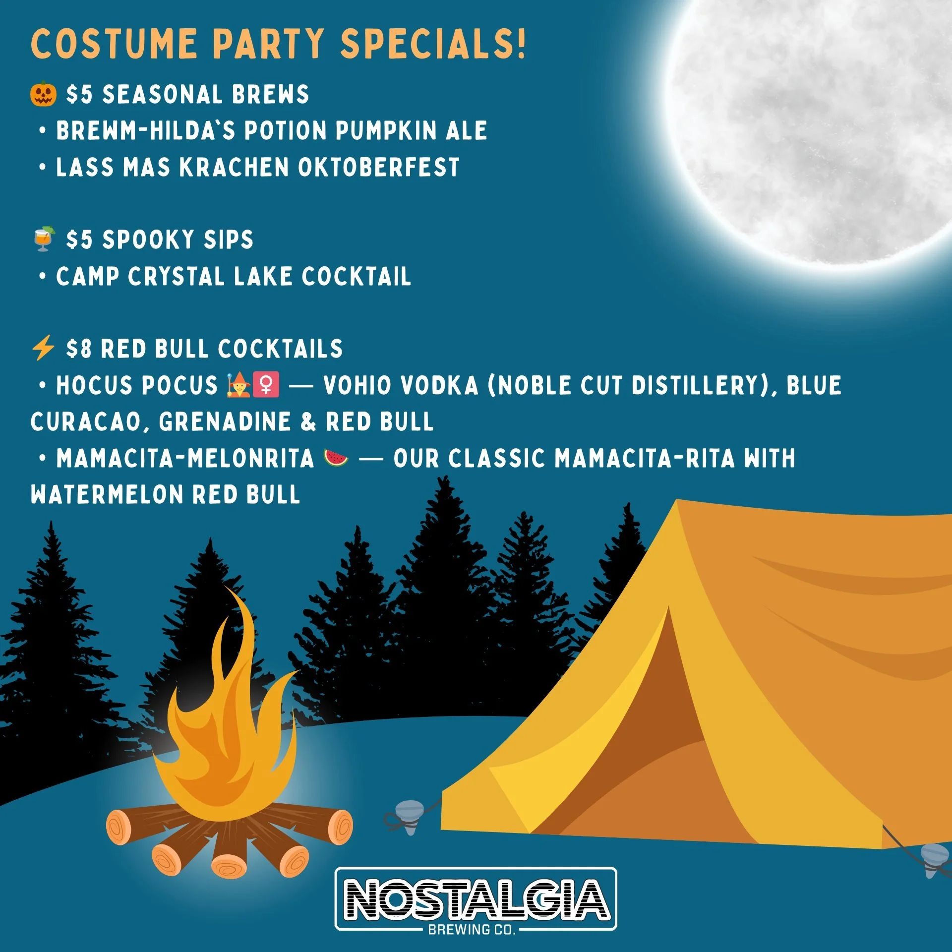 🎃 HALLOWEEN BASH IS THIS FRIDAY! 🎃
Get your costumes ready and join us for a spooky good time at Nostalgia Brewing! 👻🍺

🕕 Live Music: Jimmy Nichols Live from 6&ndash;9PM
🎁 Prize Pack Drawings: 8:30PM &ndash; Must be present to win!
🧛&zwj;♀️ No