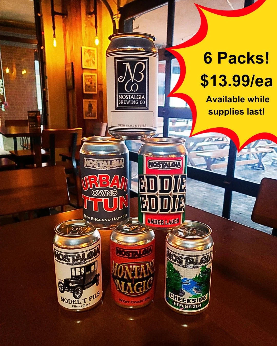 Stock the cooler with Nostalgia 6-packs for $13.99 each. Available while supplies last. Our cooler lineup is always rotating, so stop in often and see what&rsquo;s freshly brewed and ready to take home. Great beer, fresh picks, and one more reason to
