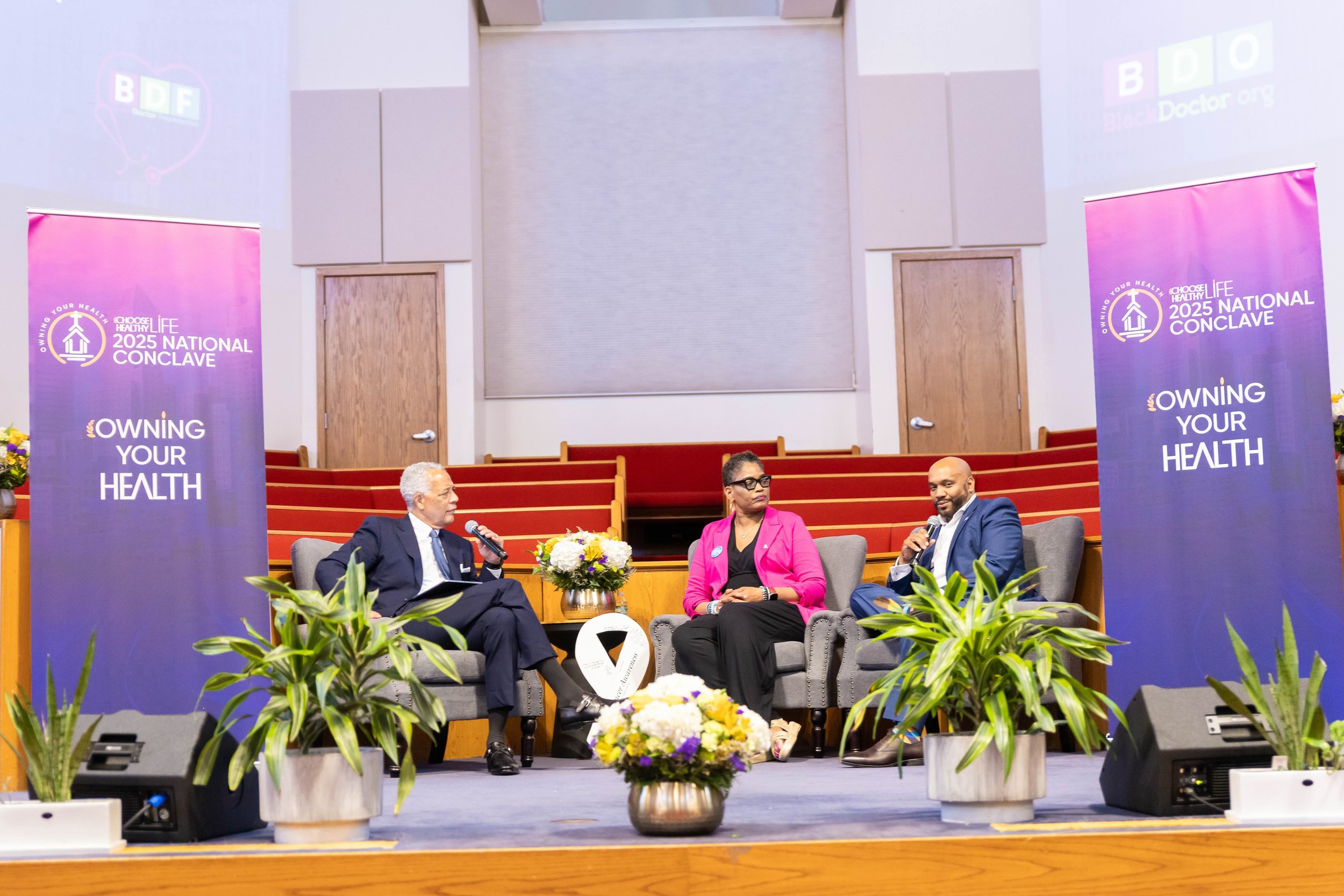 Moderator Dr. Reed Tuckson and Panelists Kenneth Gifford and Donna Thompson on the “Community Voices Against Cancer" panel presented by BlackDoctor.org