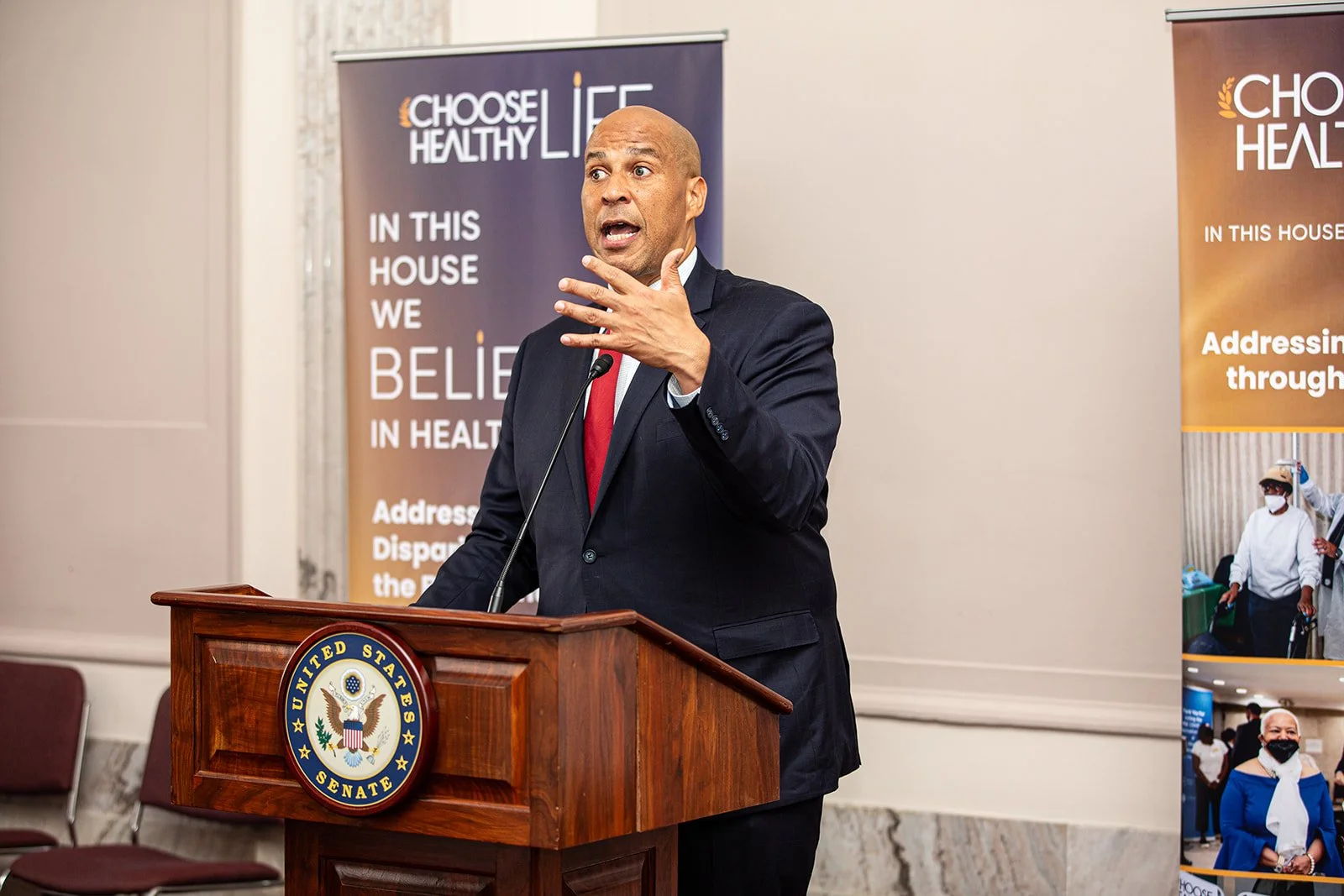 Sen. Cory Booker (NJ) speaks to the audience about the Health Equity Innovation Act of 2024