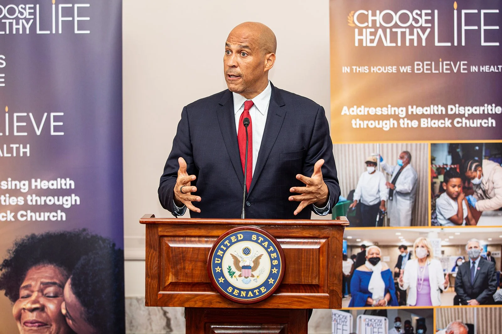 Sen. Cory Booker (NJ) speaks to the audience about the Health Equity Innovation Act of 2024