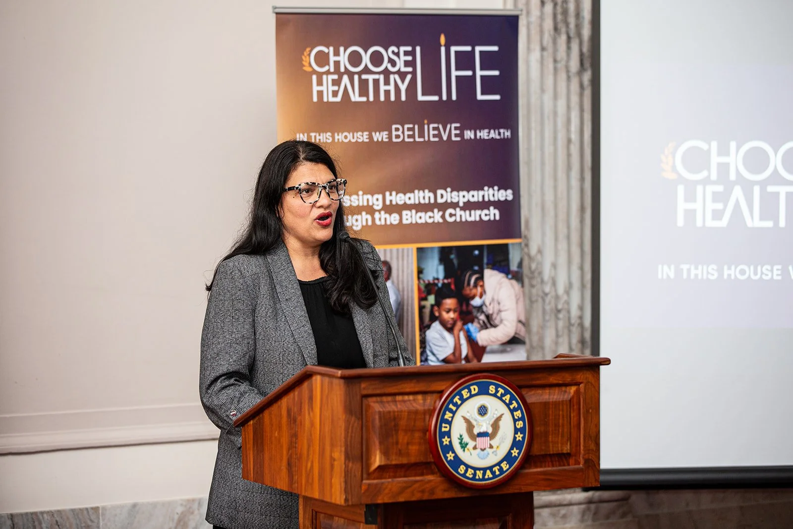 Rep. Rashida Tlaib (MI) speaks to the audience about the Treat and Reduce Obesity Act (TROA) and Reform for the 340b Drug Pricing Program