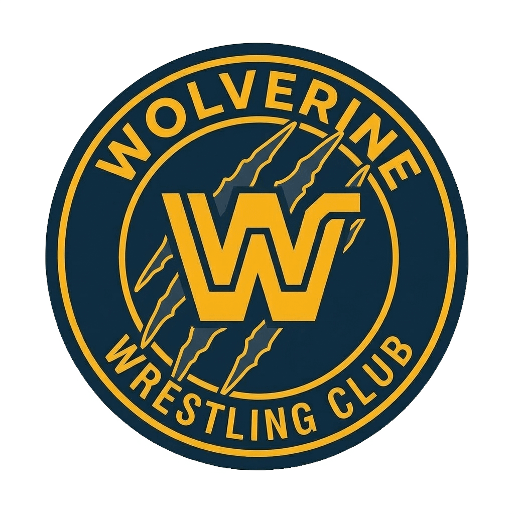 Circular logo of the Wolverines Wrestling Club with a yellow 'W' in the center and black and yellow borders, featuring yellow lightning bolts.