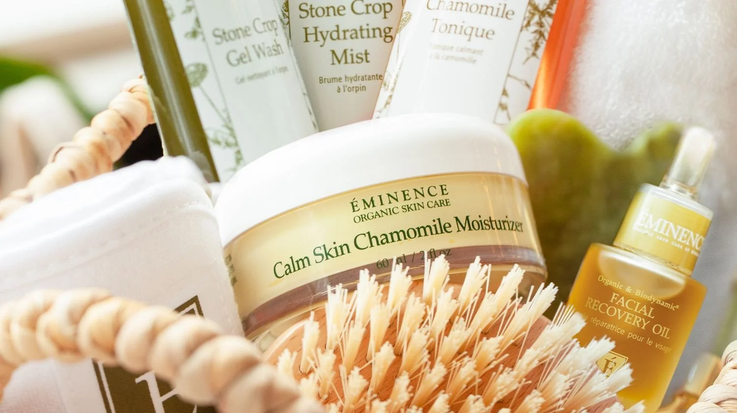 Eminence Organic Skin Care products, including a Calm Skin Chamomile Moisturizer, hydrating mists, a tonique, and a gel wash.