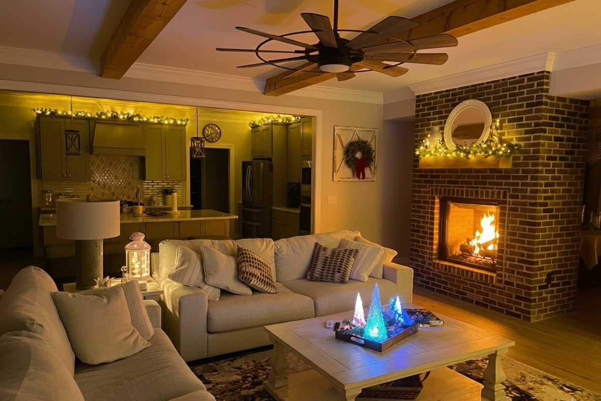 This fireplace is visible from both sides, making it the centerpiece of both the living room and the dining room. 