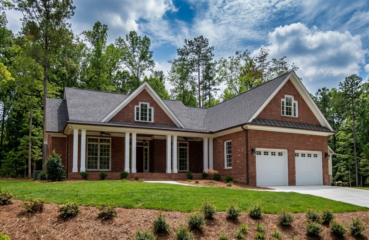 With its wooded lot and brick design, this house fits naturally into Cary's older, established streets.