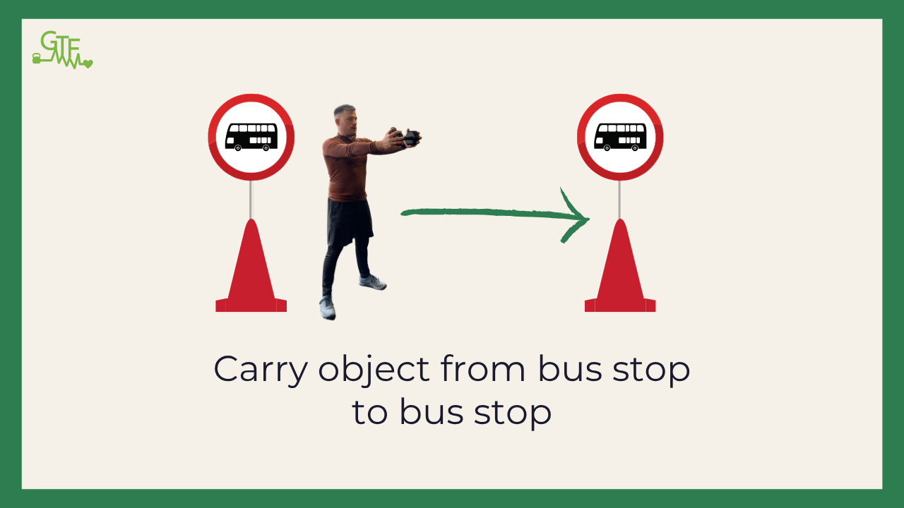 Example visual resource used in a client session - text reads 'carry object from bus stop to bus stop' and there are bus stop icons either side. Photo of the coach shows him carrying a dumbbell between the two icons.