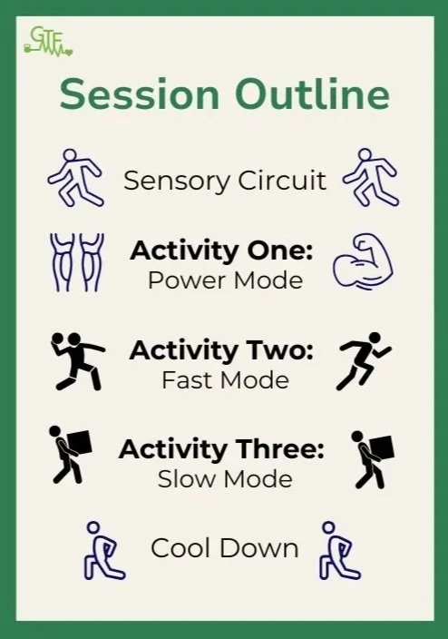 Example session outline showing a visual breakdown of a coaching session used to support an autistic client.