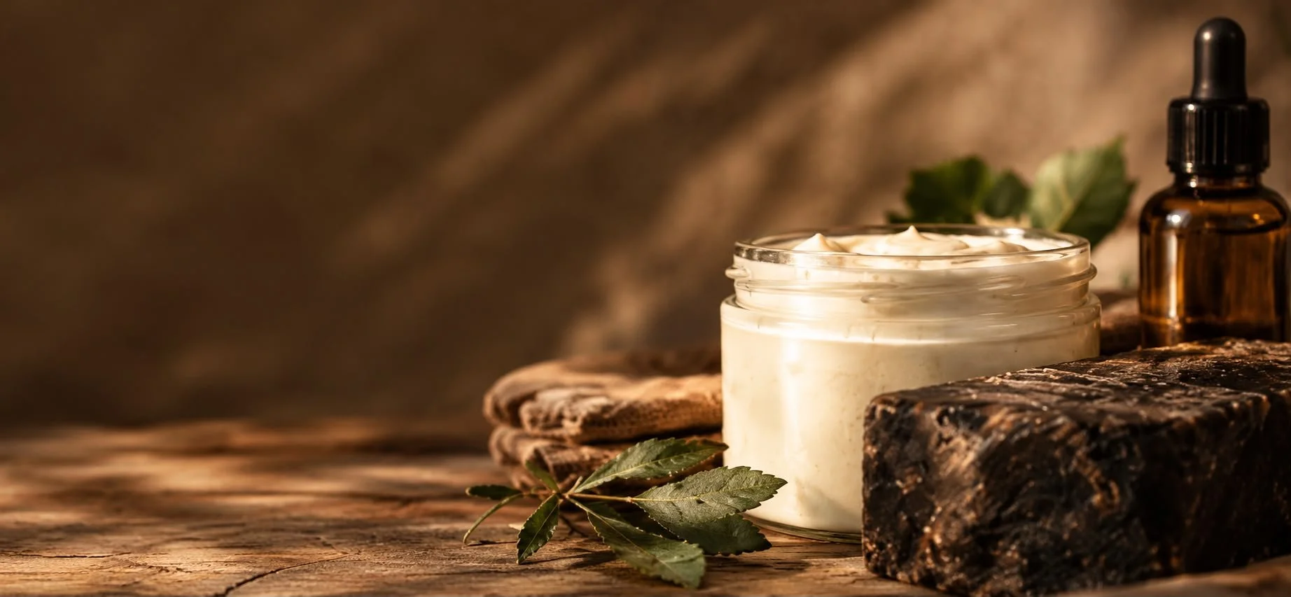 Crème dans un pot en verre, huile essentielle dans une bouteille en verre ambré, feuilles de gingko, savon artisanal, et torchon sur une table en bois.
