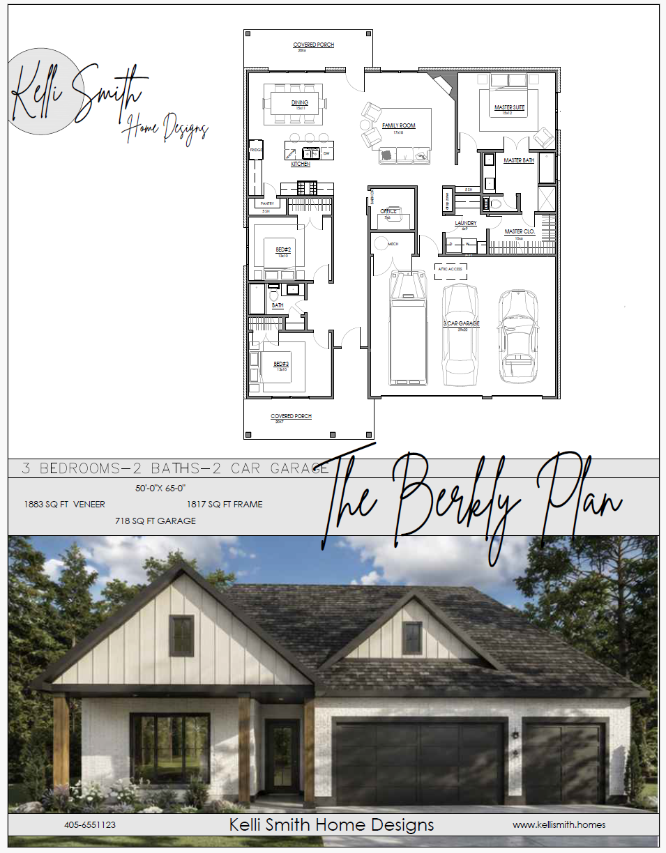 A superimposed architectural floor plan of a house with labeled rooms, and a photo of a modern house exterior with a covered porch, garage, and trees in the background.