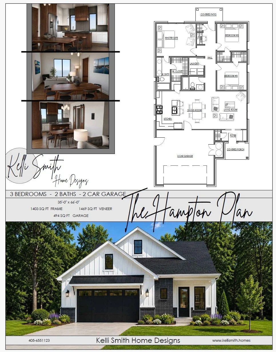 Floor plan and photo of a modern house design called The Hampton Plan by Kelli Smith Home Designs. It features 3 bedrooms, 2 bathrooms, a 2-car garage, with interior views highlighting the kitchen, dining, living room, and bedroom areas.