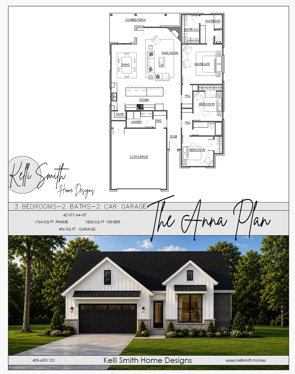 Front view of a modern farmhouse-style home with white siding, black roof and garage door, surrounded by a well-kept lawn and trees.