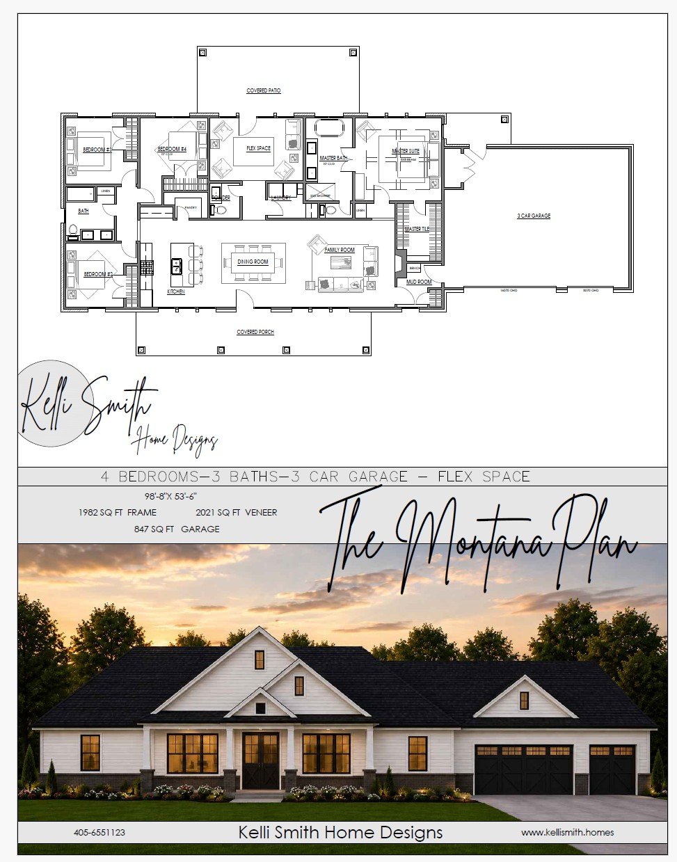 Floor plan and exterior photo of a house named The Montana Plan by Kelli Smith Home Designs, featuring four bedrooms, three bathrooms, a three-car garage, and a flex space.
