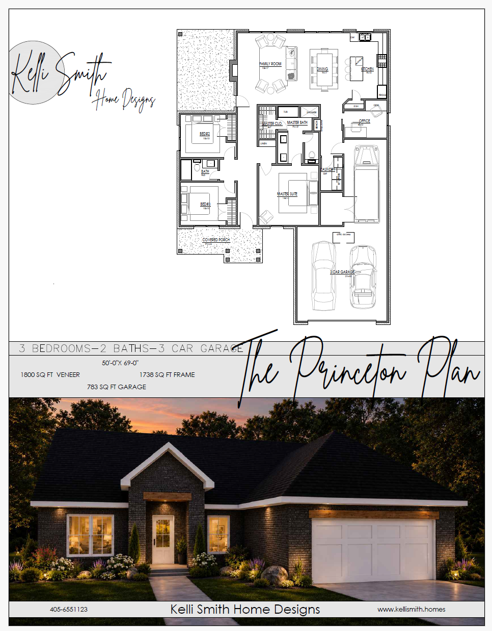 A house plan and exterior photo. The house plan shows a detailed layout of rooms including bedrooms, bathrooms, a family room, dining area, kitchen, office, laundry, and a three-car garage. The exterior photo depicts a modern brick house with a front porch, surrounded by landscaping, illuminated at sunset.