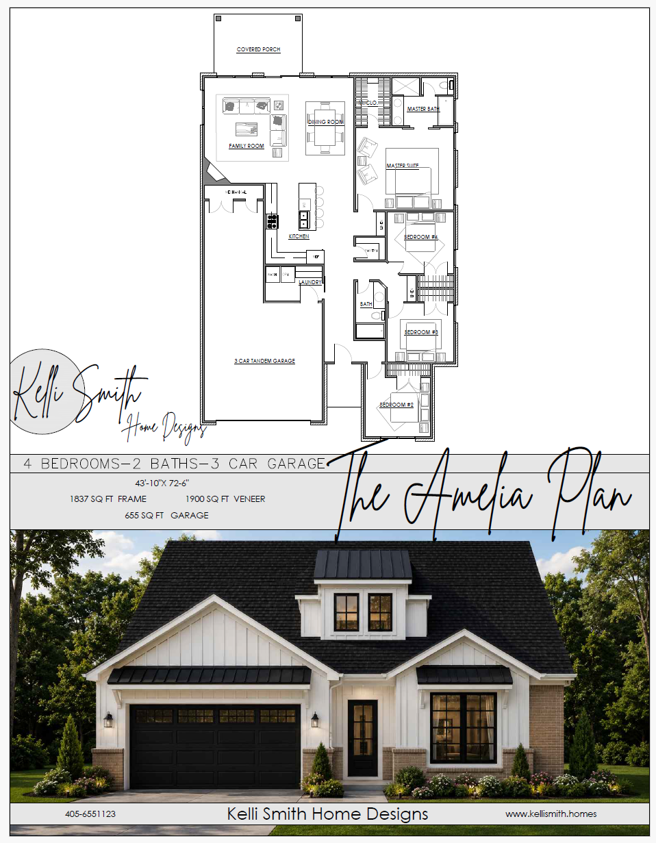 Cover page of a home design brochure with a floor plan of a house called The Amelia Plan and a photo of the house's exterior. The house has a black garage door, white siding, and a black roof, with landscaped front yard. The brochure includes details about the home, such as four bedrooms, two bathrooms, and a three-car garage.