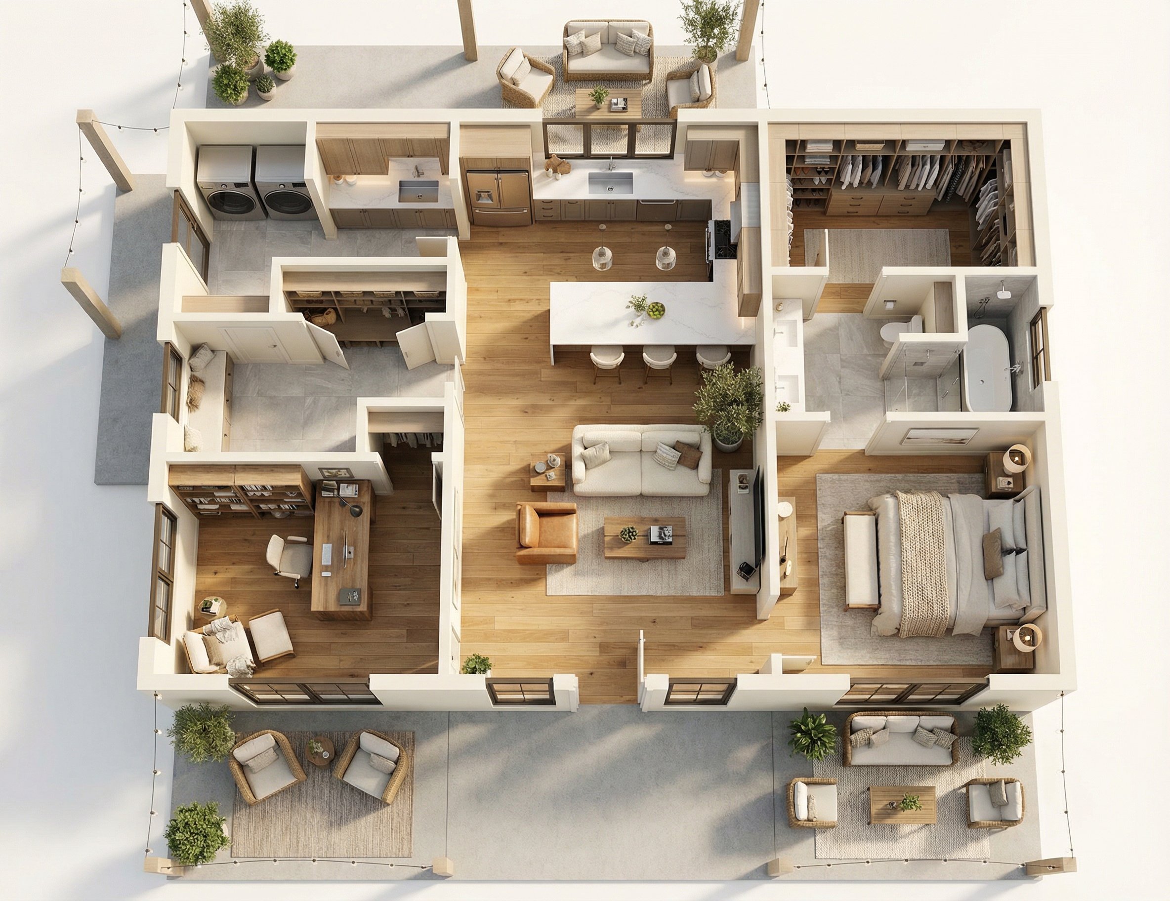 A 3D floor plan of an apartment with two bedrooms, a living room, kitchen, bathroom, and laundry area.
