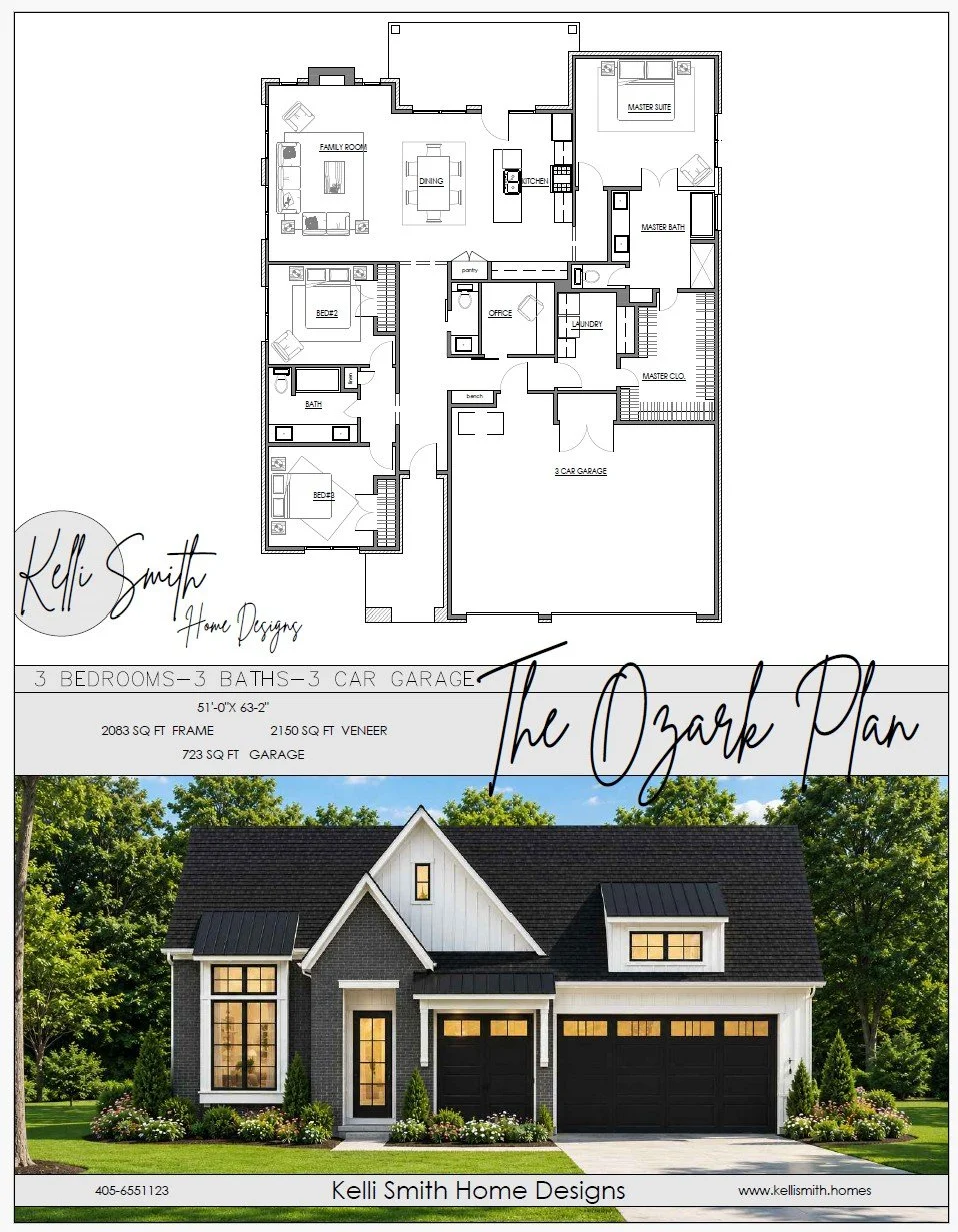 Floor plan and exterior photo of a modern house design by Kelli Smith Home Designs, featuring three bedrooms, three bathrooms, a three-car garage, and a detailed architectural layout with labeled rooms.