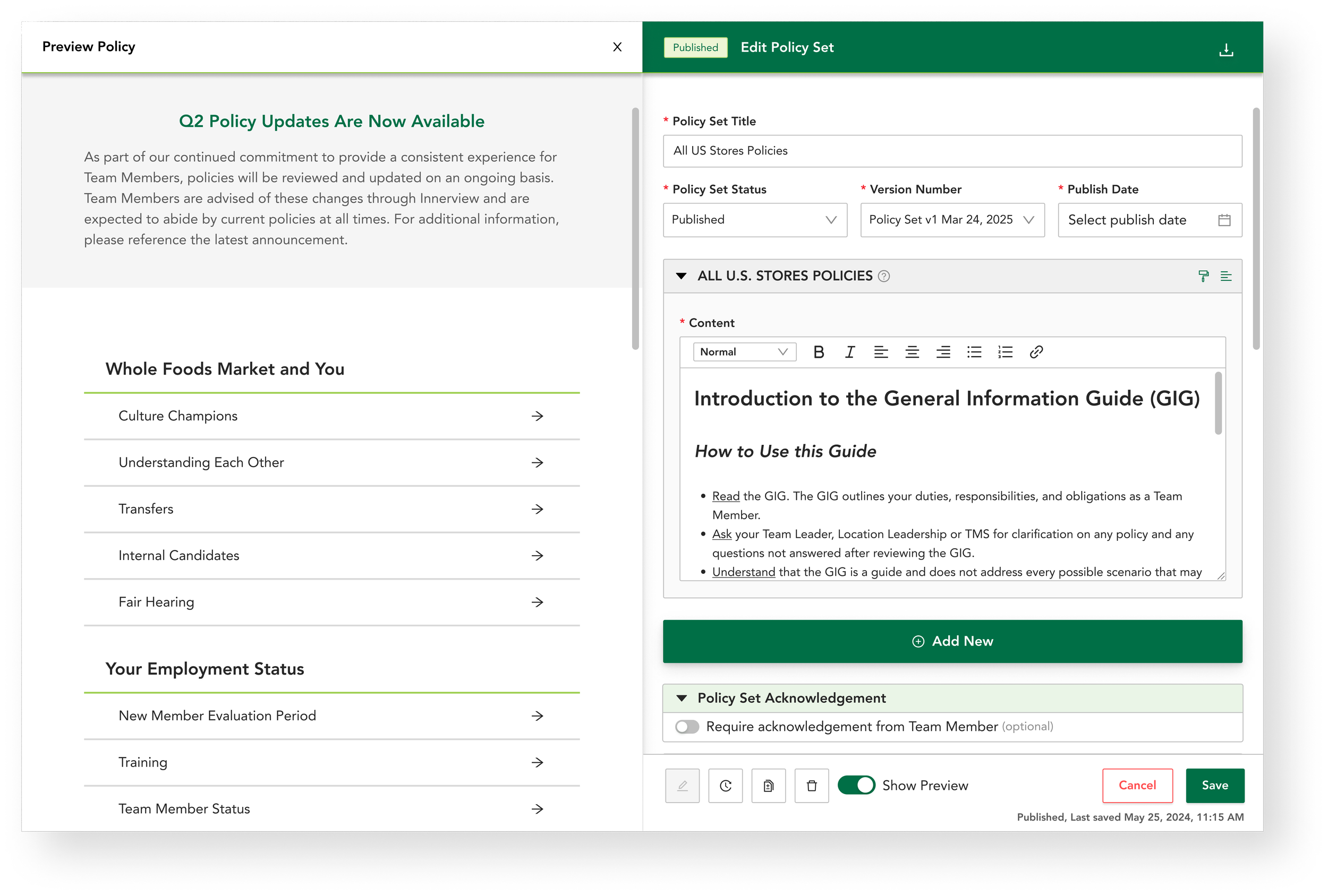The live preview editor for a policy set