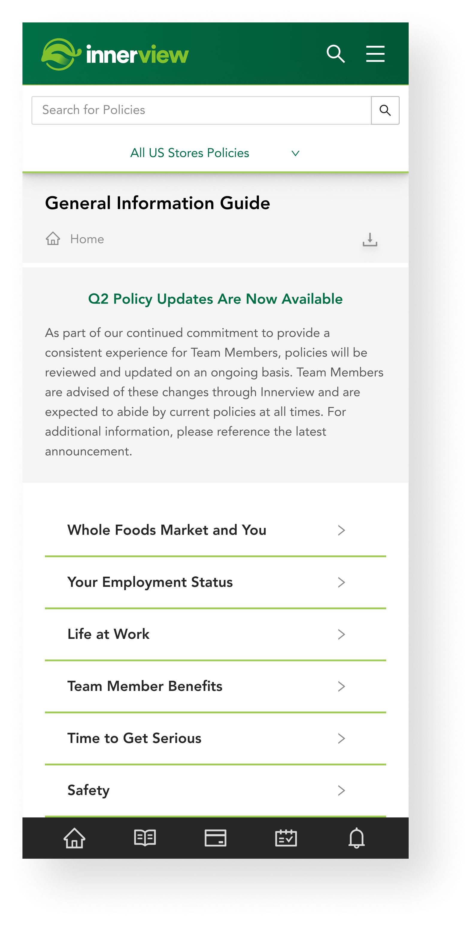 The General Information Guide table of contents on mobile