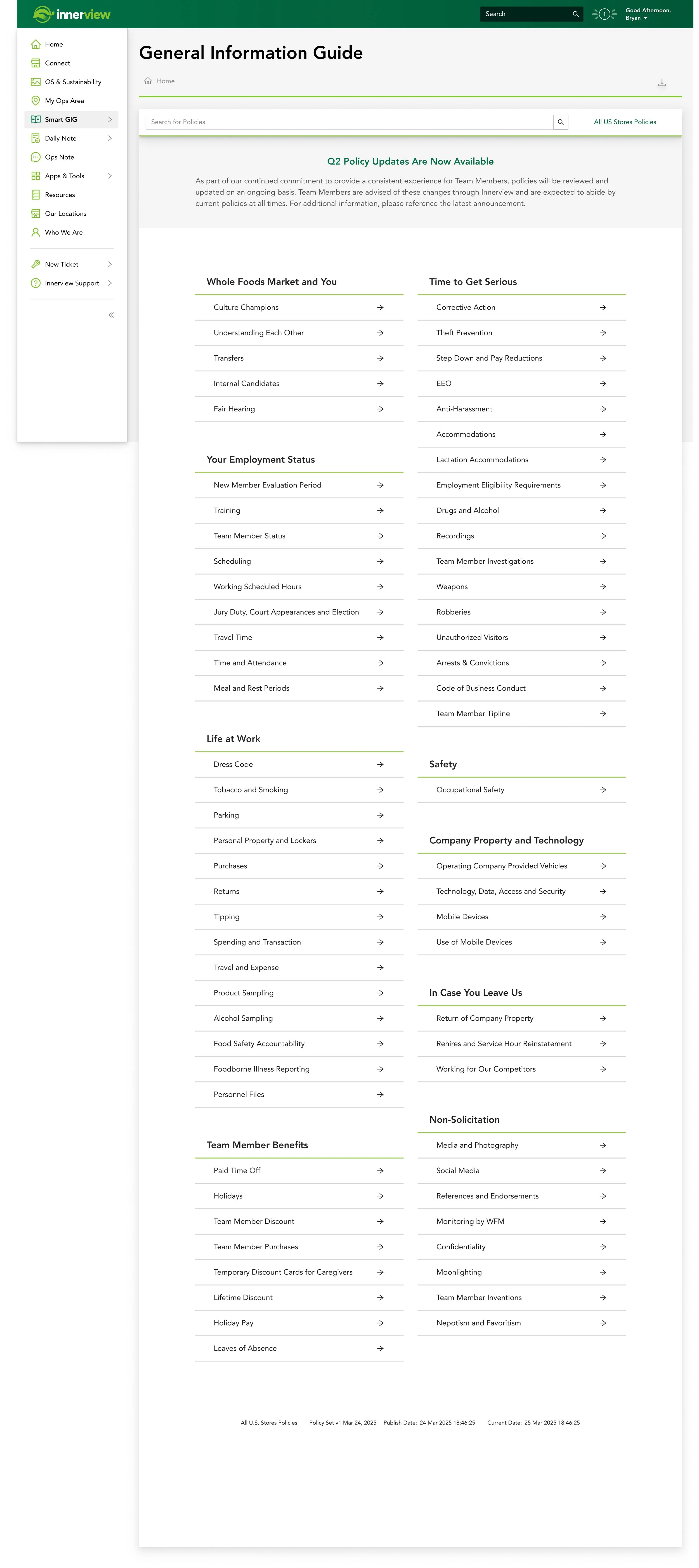 The revised General Information Guide homepage with every policy visible at a glance