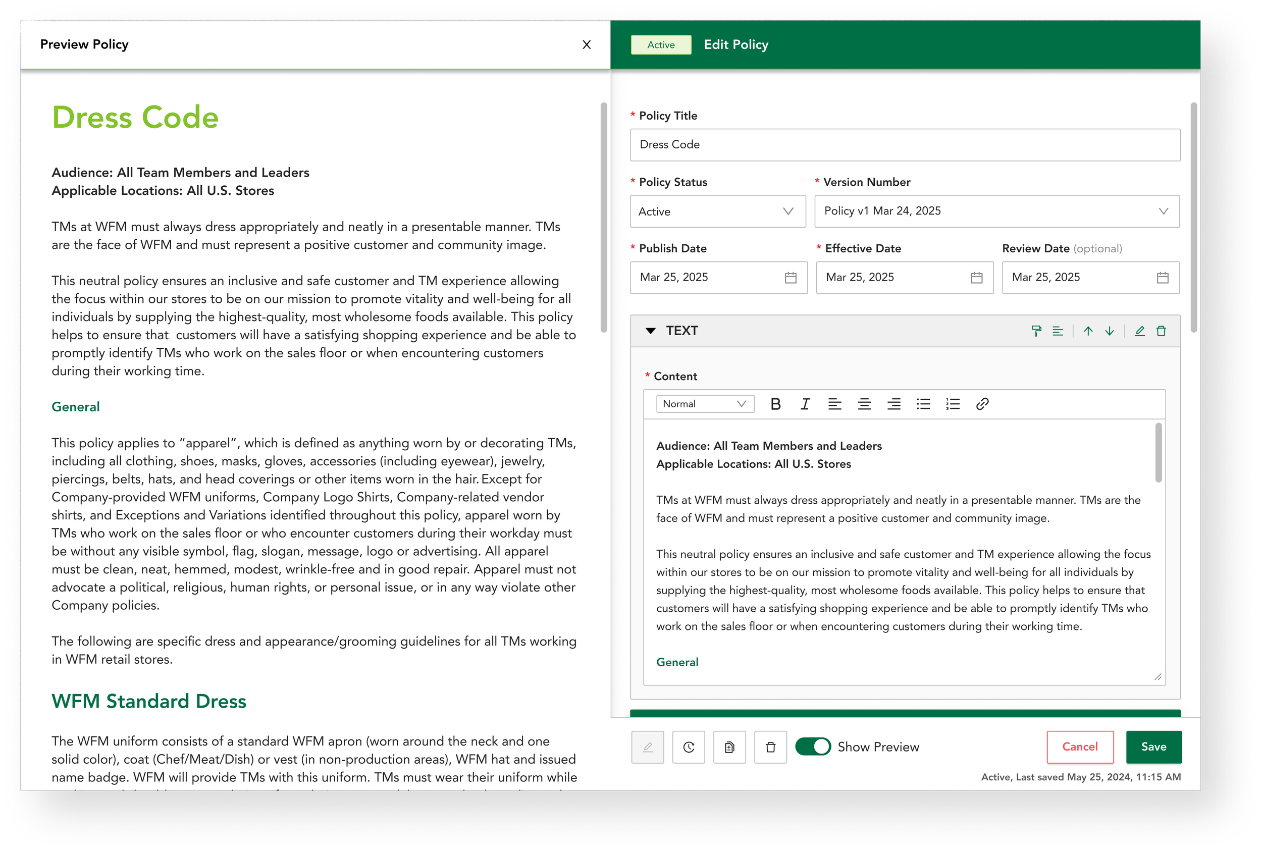 The live preview editor for a policy