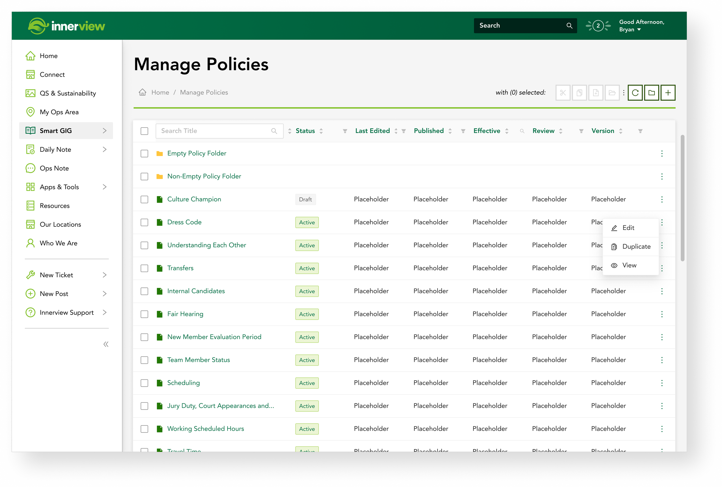 The manage policies table