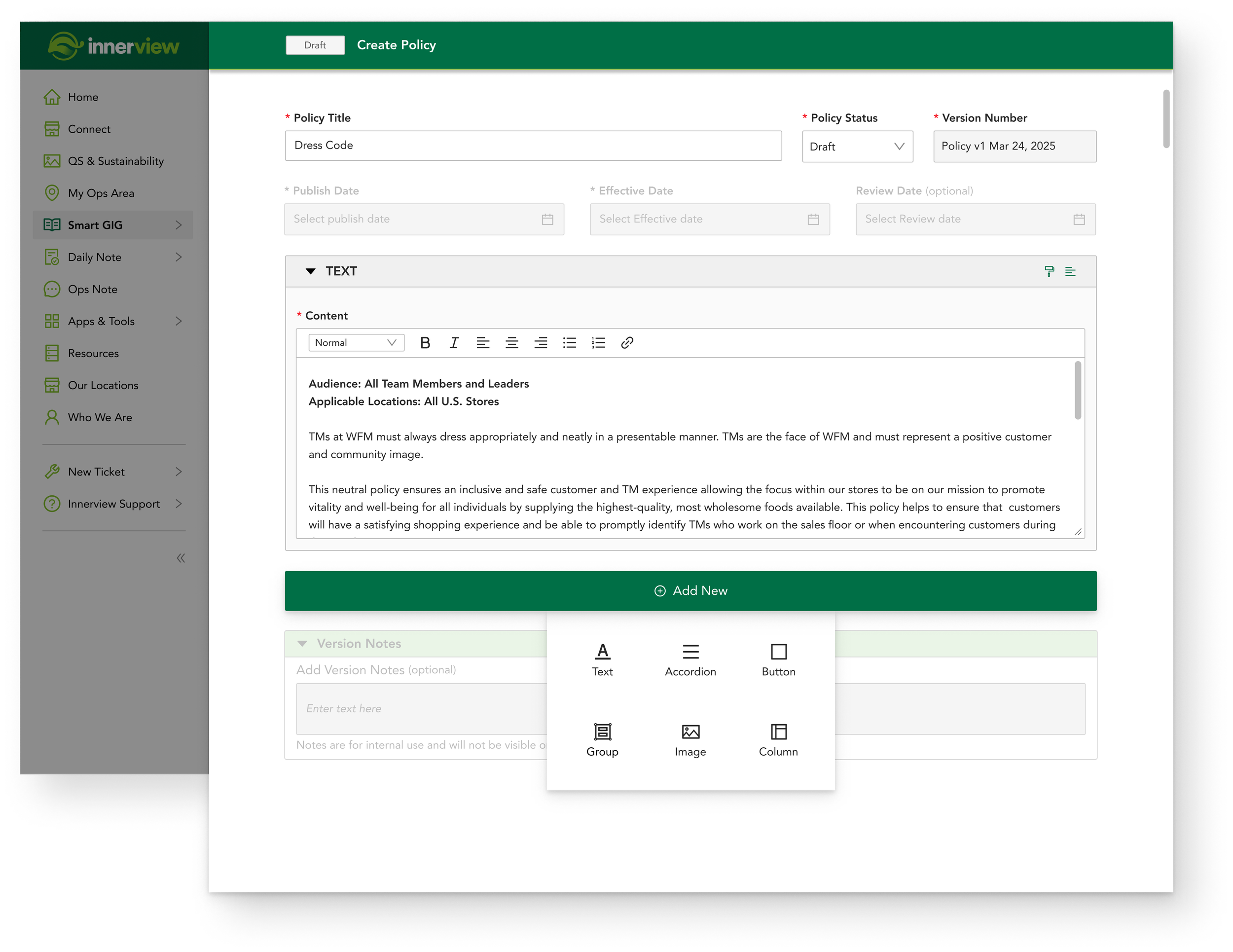 The create policy screen