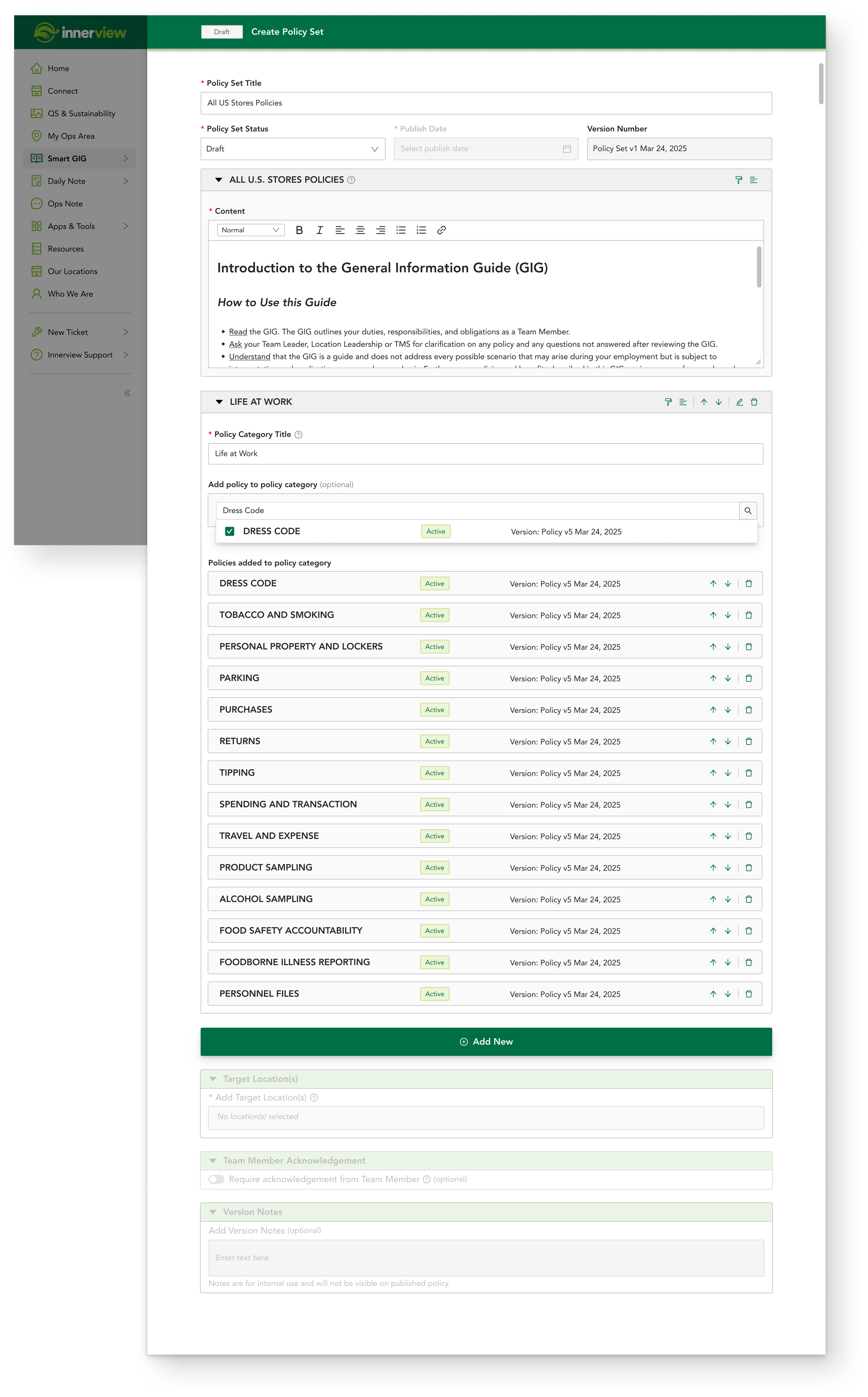 The create policy set screen