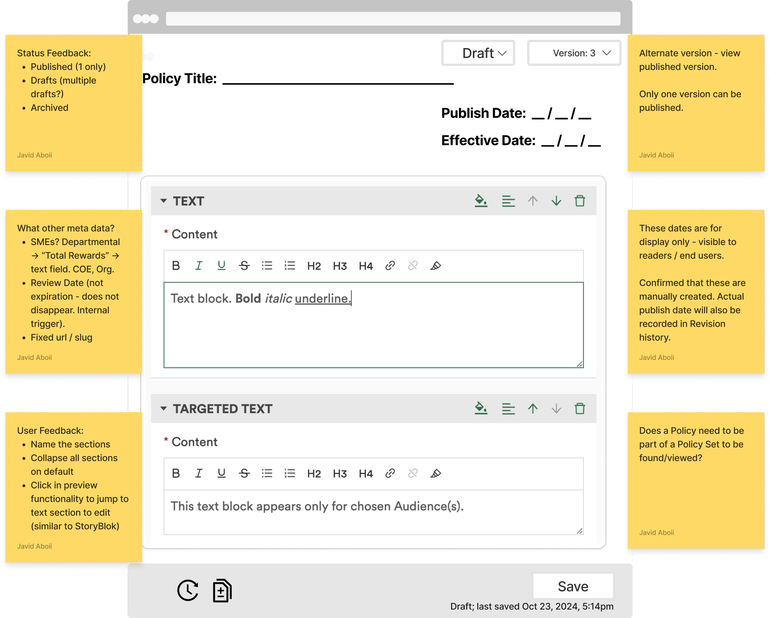 Draft wireframes from the weekly review sessions