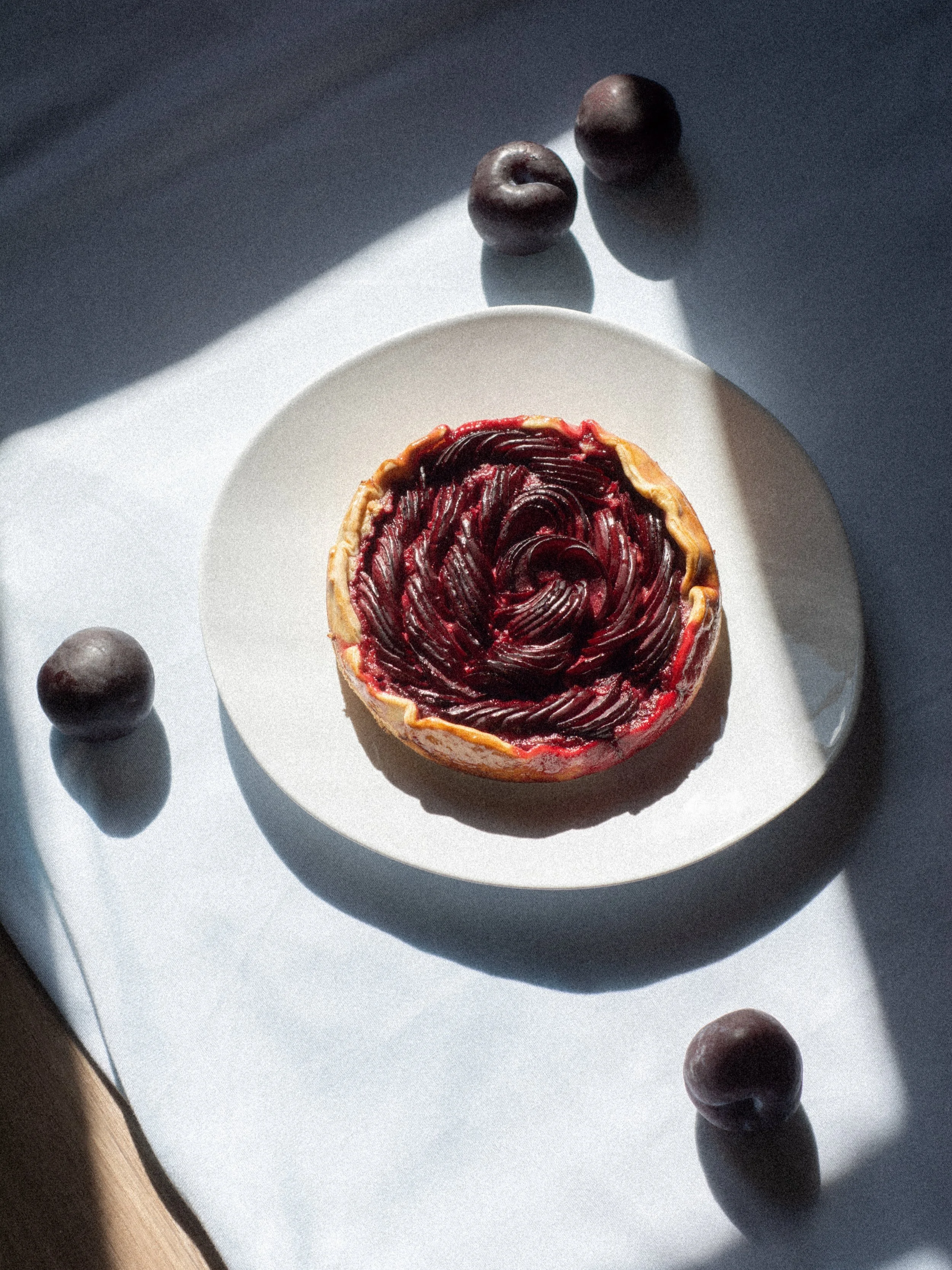 A cherry tart with a decorative crust on a white plate, surrounded by four cherries on a light surface with shadows from sunlight.