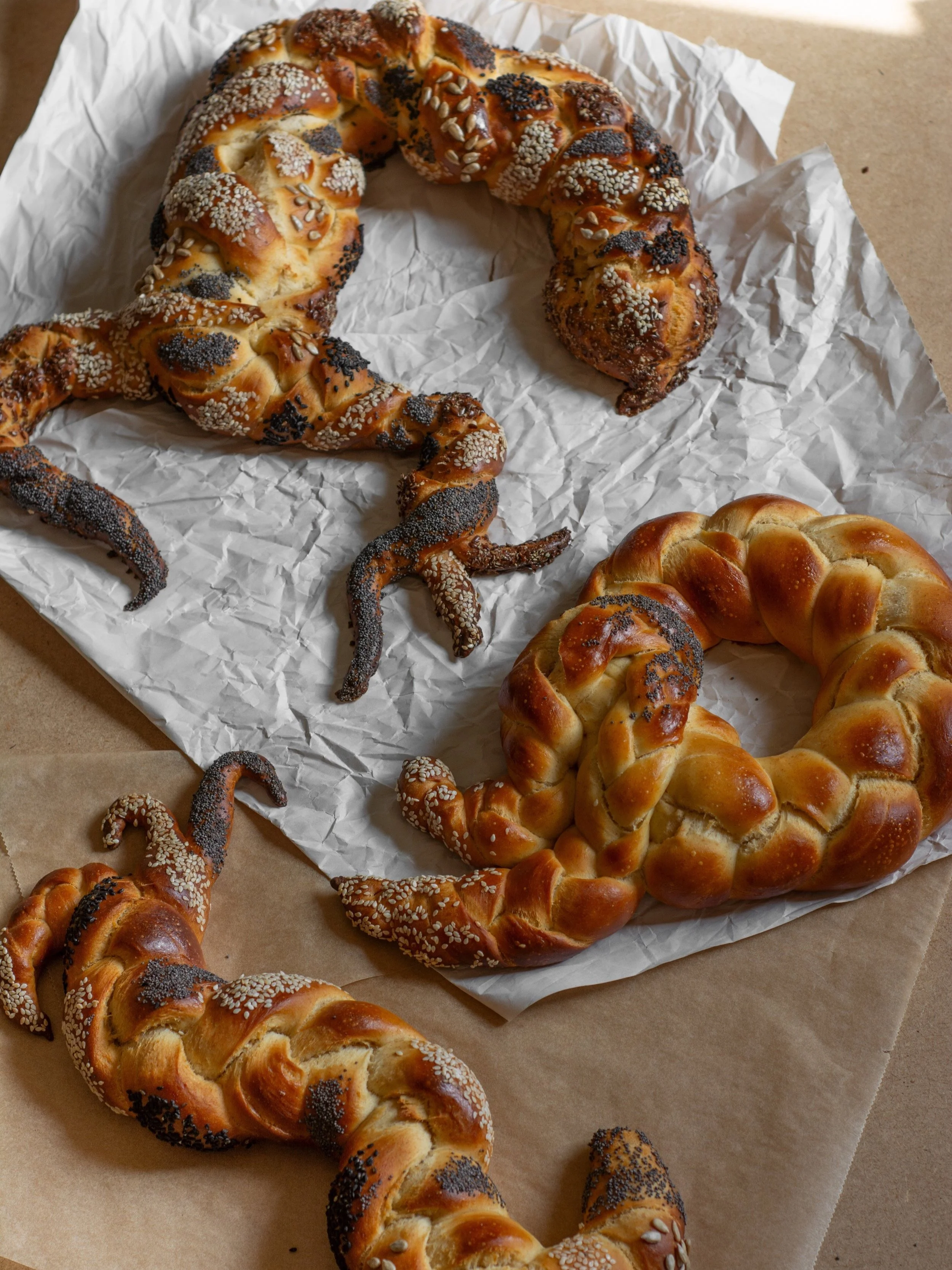 Assorted freshly baked bread with braided and twisted shapes, topped with sesame and poppy seeds, resting on parchment paper.