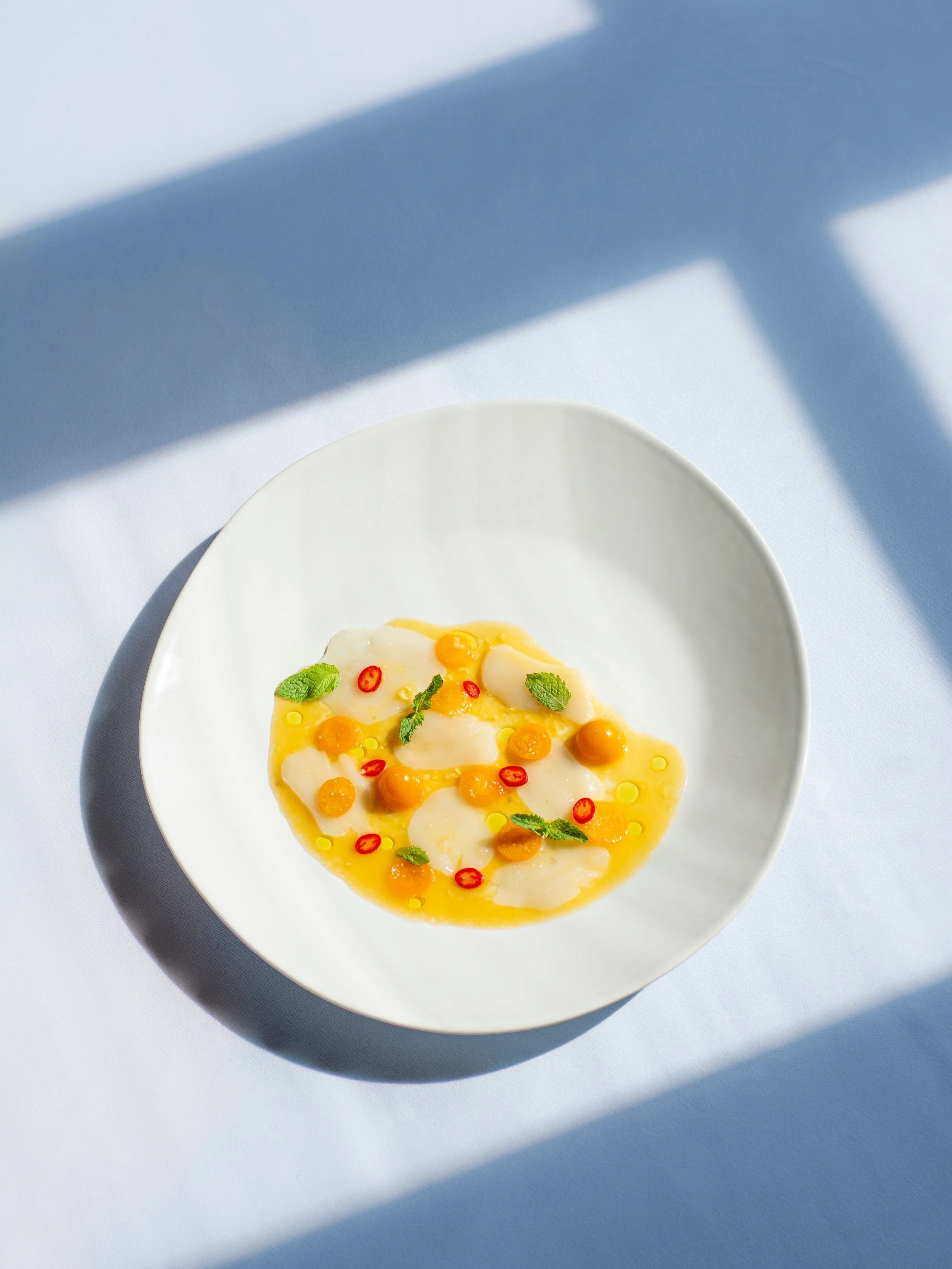 A white bowl containing a dish with white fish, yellow sauce, small red chili slices, orange pearls, and green herbs, on a white tablecloth with sunlight and shadows.