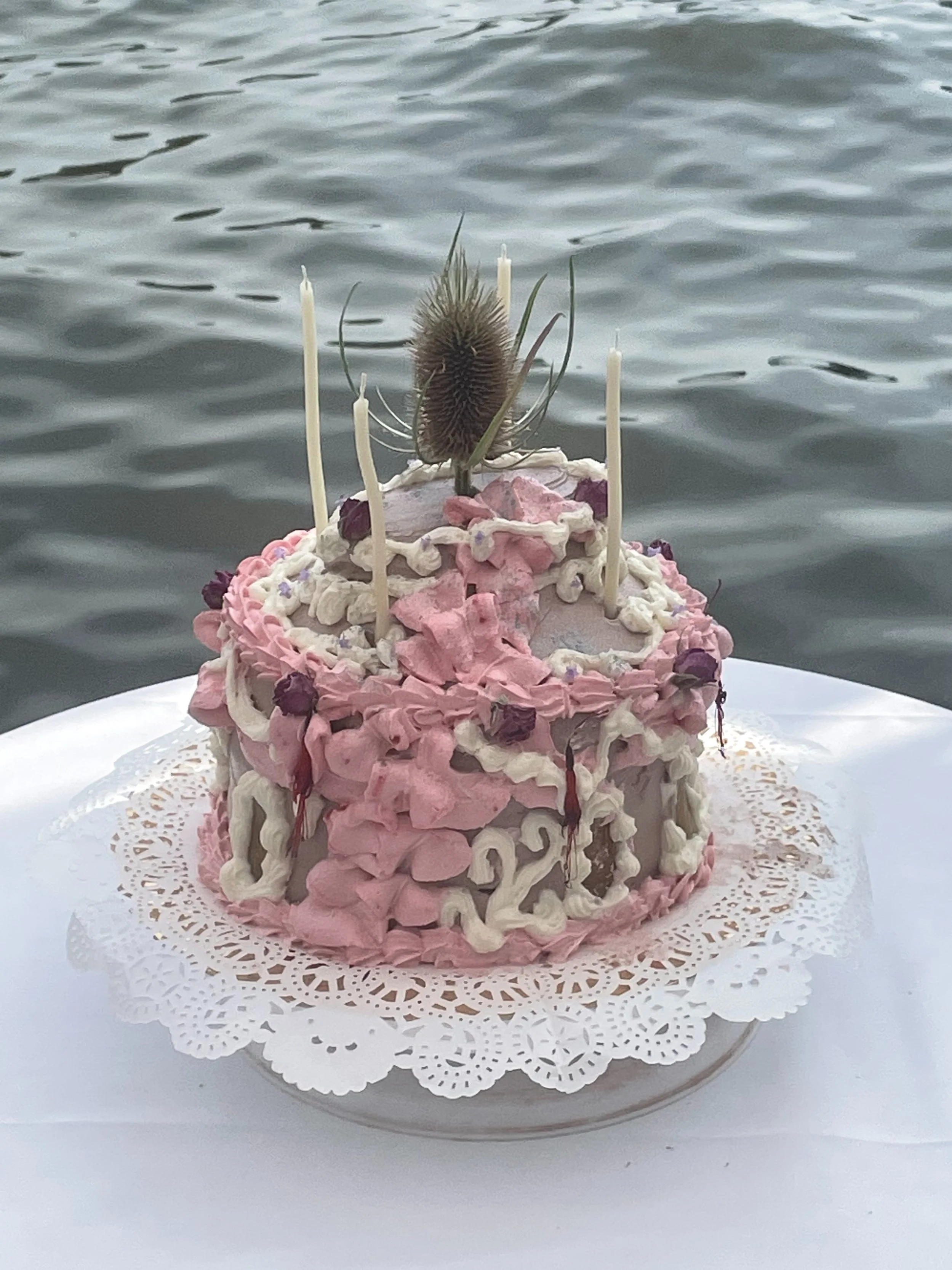 A pink and white cake with decorative icing, placed on a white doily, with a water body in the background. The cake is topped with a dried flower and six unlit candles.