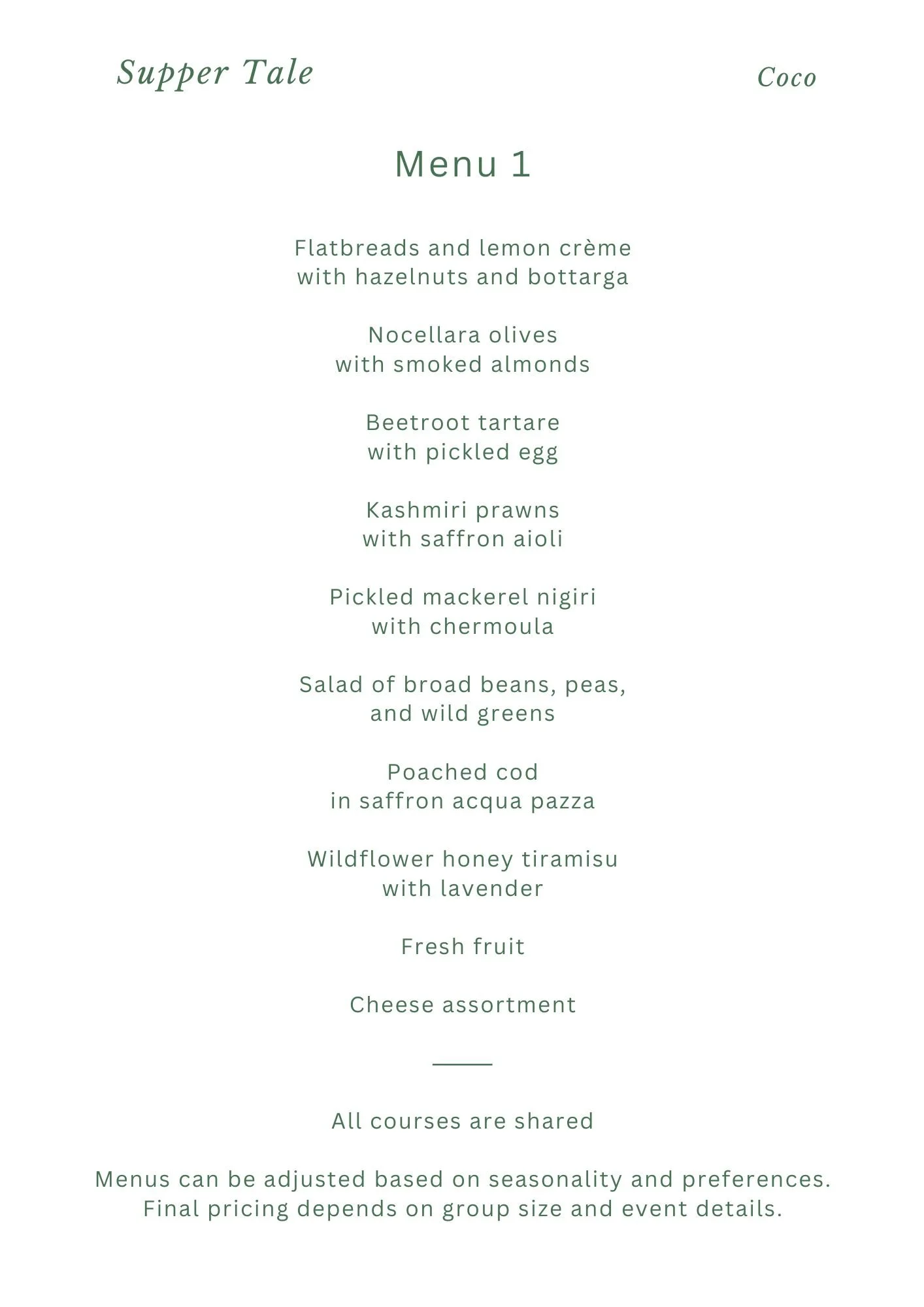 Menu for a dinner event with multiple dishes including flatbreads with lemon creme and hazelnuts, olives with smoked almonds, beetroot tartare with pickled egg, Kashmir prawns with saffron aioli, pickled mackerel nigiri with chermoula, salad of broad