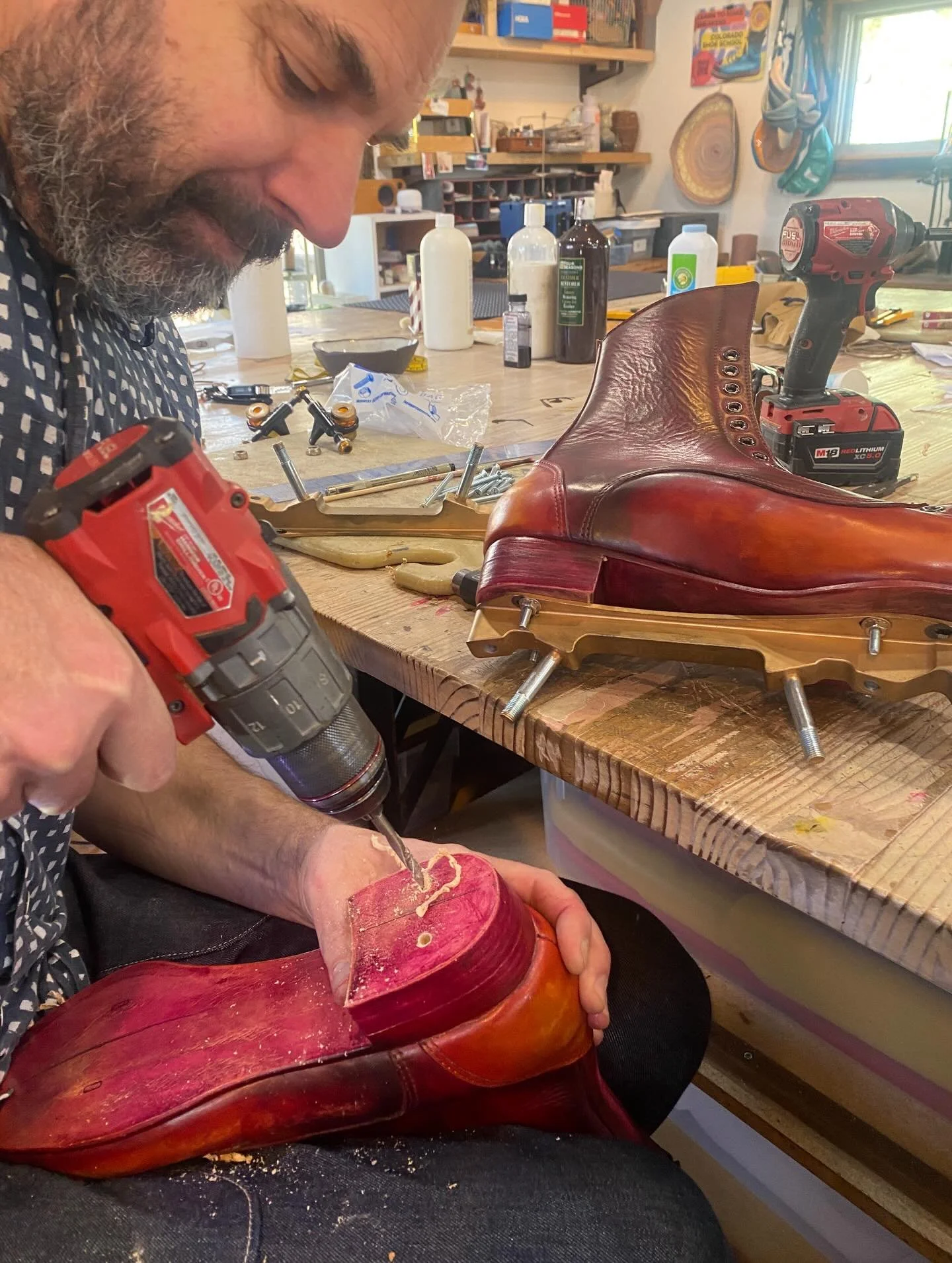 Dan&rsquo;s just about ready to try out his freshly made skates! What would you call this color? #coloradoshoeschool, #bespokeskates, #customskates